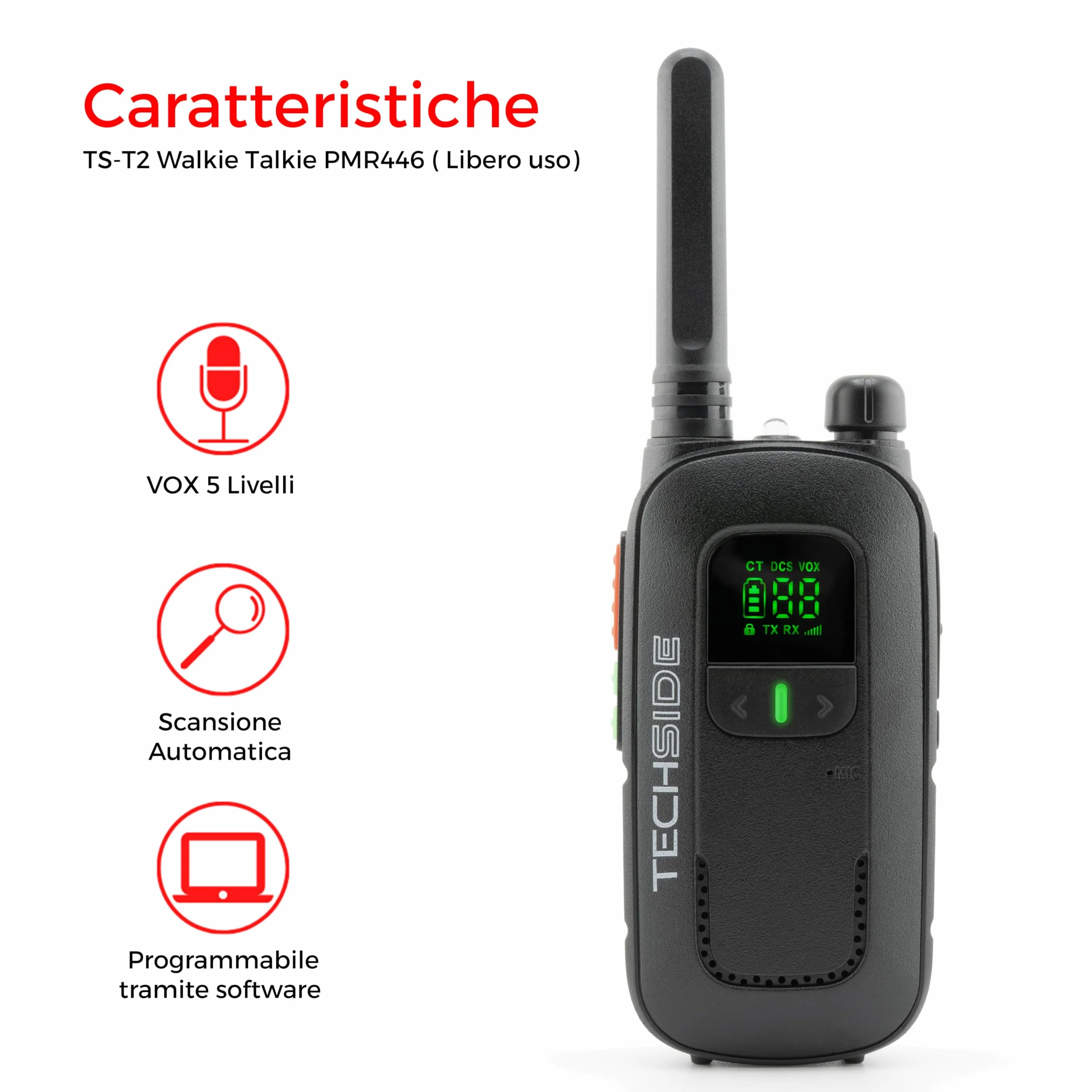 Techside TS-T2 Ricetrasmittente Professionale Walkie Talkie 16 Canali PMR446 (Libero uso) | Vox a 5 livelli | Scansione Automatica Canali | Set di 2 ricetrasmettitori full optional