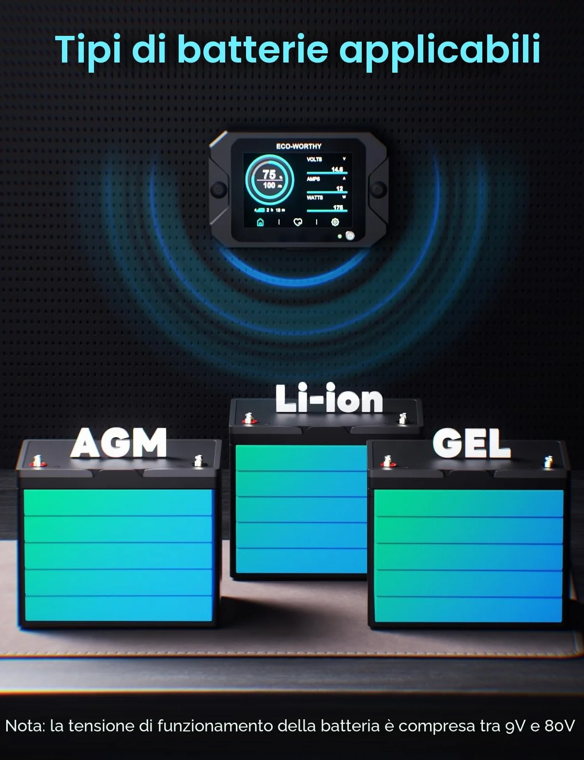 ECO-WORTHY Monitor della batteria 300 A 12V/24V/36V/48V display touchable allarme 9-80V LiFePO4 gel camper impianti solari