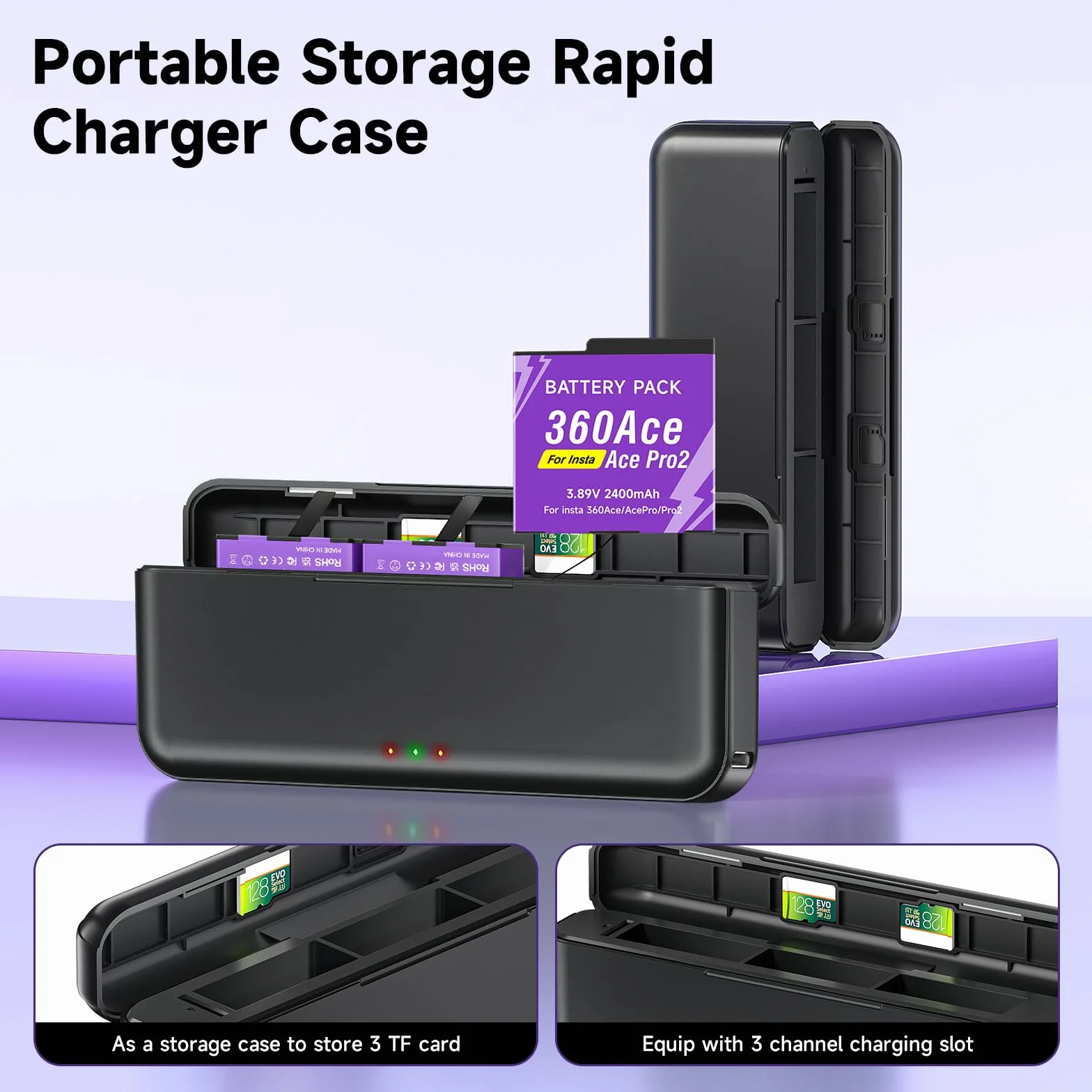CITYORK Caricabatterie a 3 slot e 2 batterie da 2400 mAh compatibili con Insta360 Ace/Ace Pro/Ace Pro 2, batteria di ricambio per Insta360 Ace/Ace Pro Kit caricabatterie con display LED e cavo USB