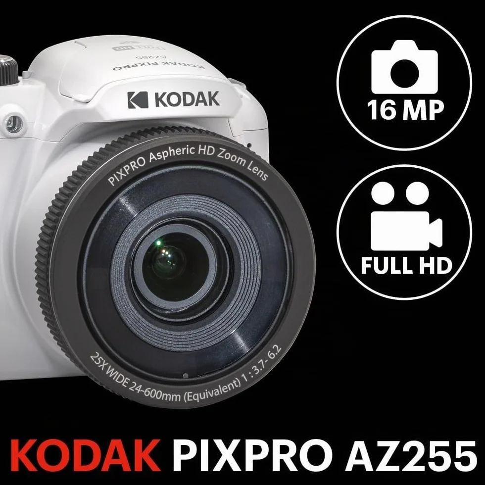 KODAK Pixpro Astro Zoom AZ255 + Scheda di memoria SD da 32 GB - Fotocamera Bridge Digitale 16 MP, Zoom 25X, Video HD 1080p, grandangolare 24 mm, schermo LCD 3, batteria AA - Bianco