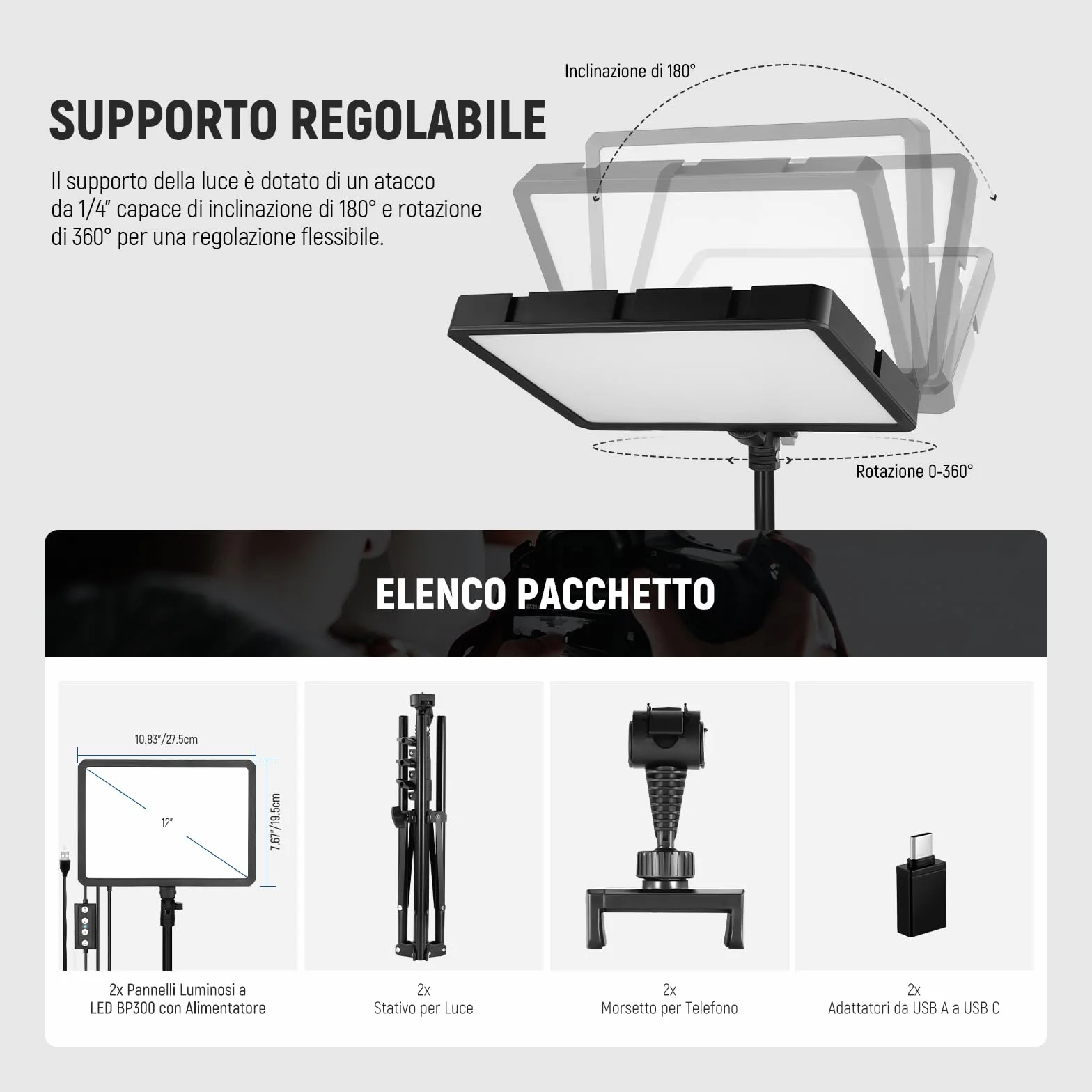 NEEWER Basics 2pz Luci Fotografiche a Pannello LED con Stativi 59''/Porta Telefono, Luce da Studio in Plastica Dimmerabile 2700-6500K 850Lux per Foto Video Film Streaming Live, Senza Adattatore,BP300