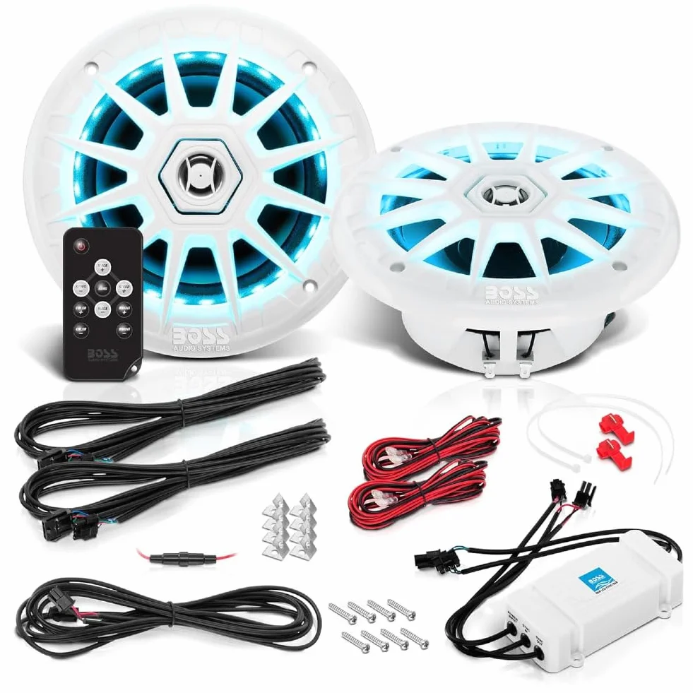 KIT SET PER BOSS AUDIO SYSTEMS MRGB65 2 altoparlanti marini full range a 2 vie da 6,5" 16,5 cm 165 mm, 100 watt rms 200 watt max, 4 ohm, impermeabili, con led rgb, a coppia + telecomando