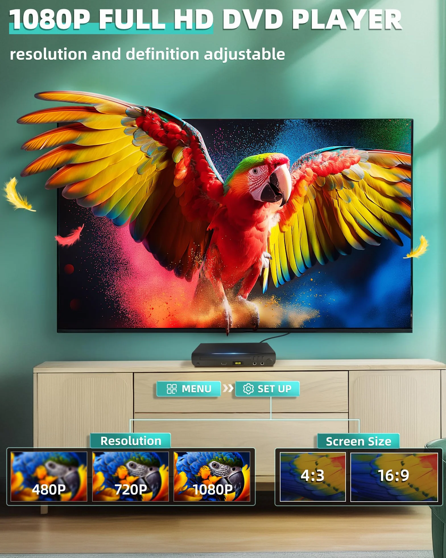 Lettore DVD HDMI per TV, lettori DVD per tutte le regioni con porte karaoke e ingresso USB, compatibilità PAL/NTSC, lettore CD domestico con cavi HDMI e RCA/AV