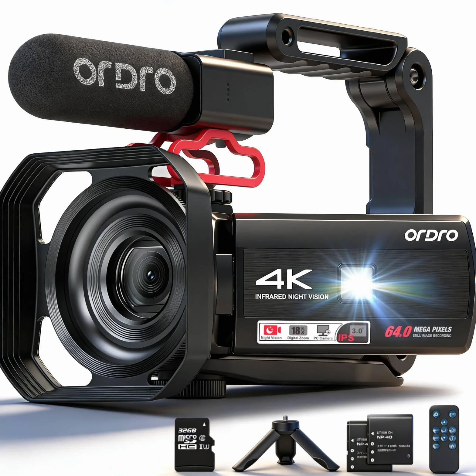 ORDRO Videocamera 4K Kit Completo, 64MP Camcorder Zoom 18X, Visione Notturna IR, Schermo 3" Orientabile - Set Vlogging con Treppiede, Impugnatura, Microfono, SD 32GB, Paraluce, Telecomando, 2 Batterie