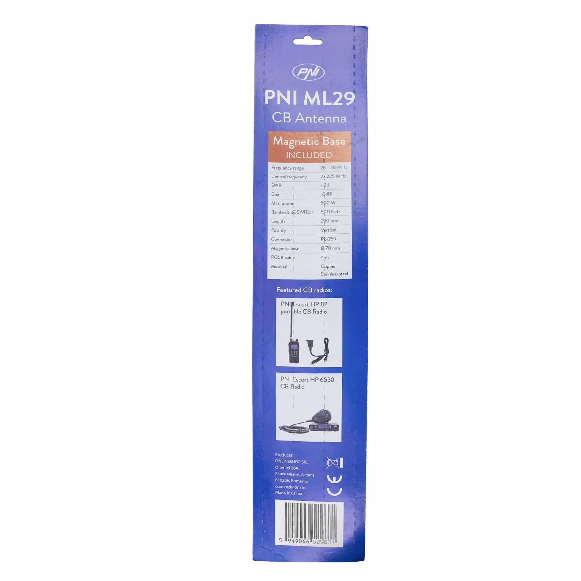 Antenna CB PNI ML29, lunghezza 29 cm, con magnete incluso diametro 70 mm e cavo RG58