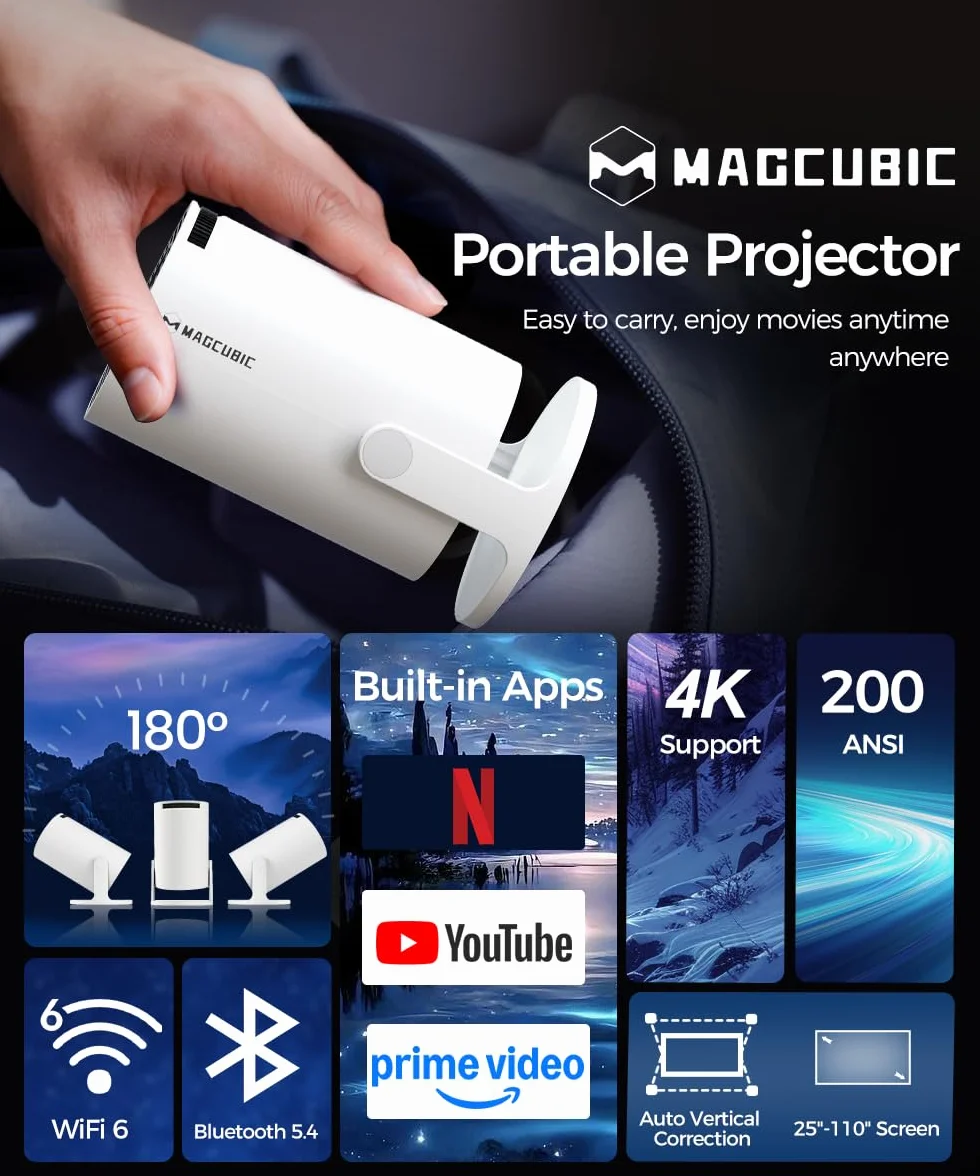 Mini Proiettore 4K Smart Projector 5G WiFi 6 BT 5.4 Full HD 1080P 200ANSI 8000L Auto Trapezoid Correction