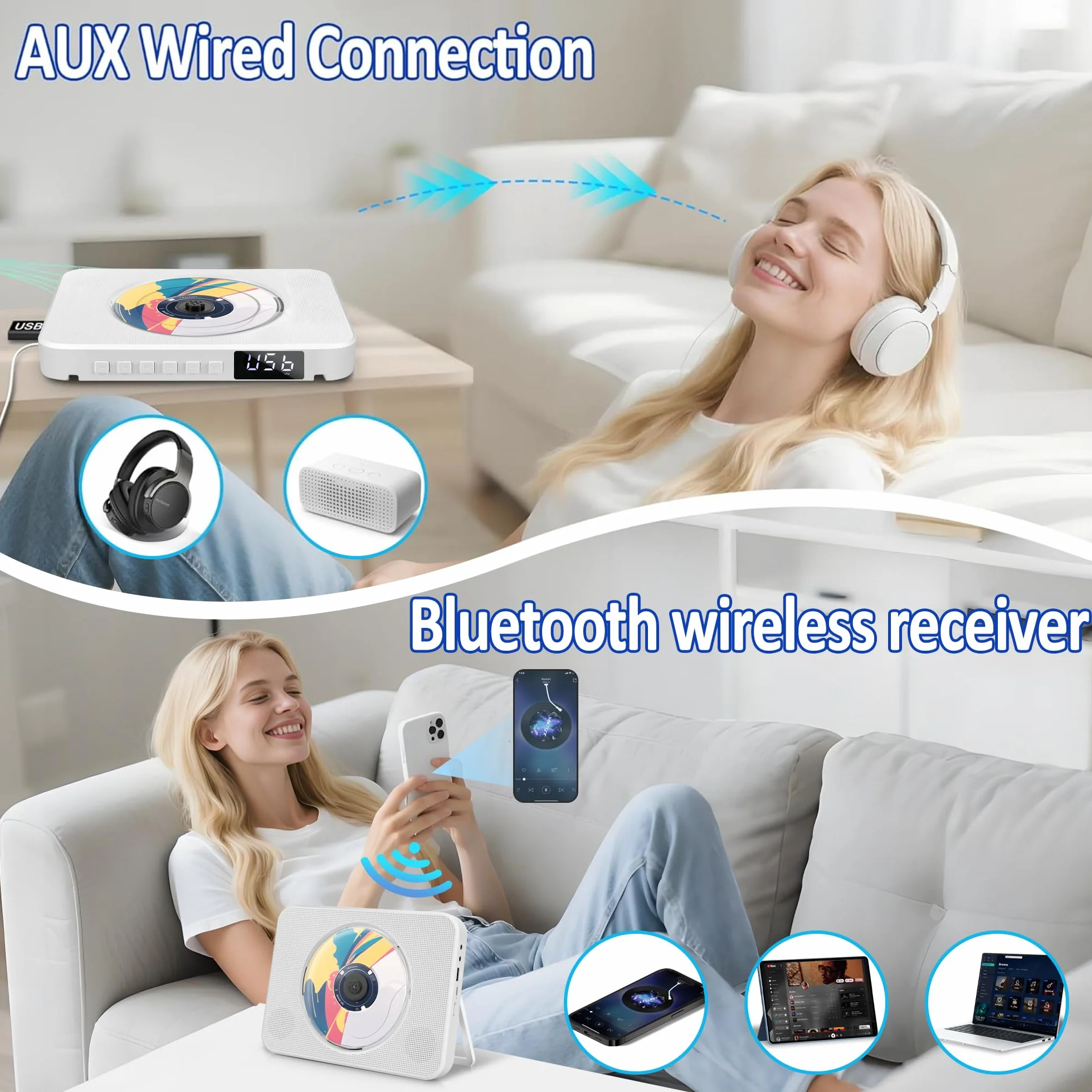 Lettore CD Portatile Bluetooth, lettore CD HIFI Stereo con supporto da tavolo, lettore musicali con telecomando con doppi altoparlanti HIFI integrati, porta USB, presa per cuffie AUX da 3,5 mm