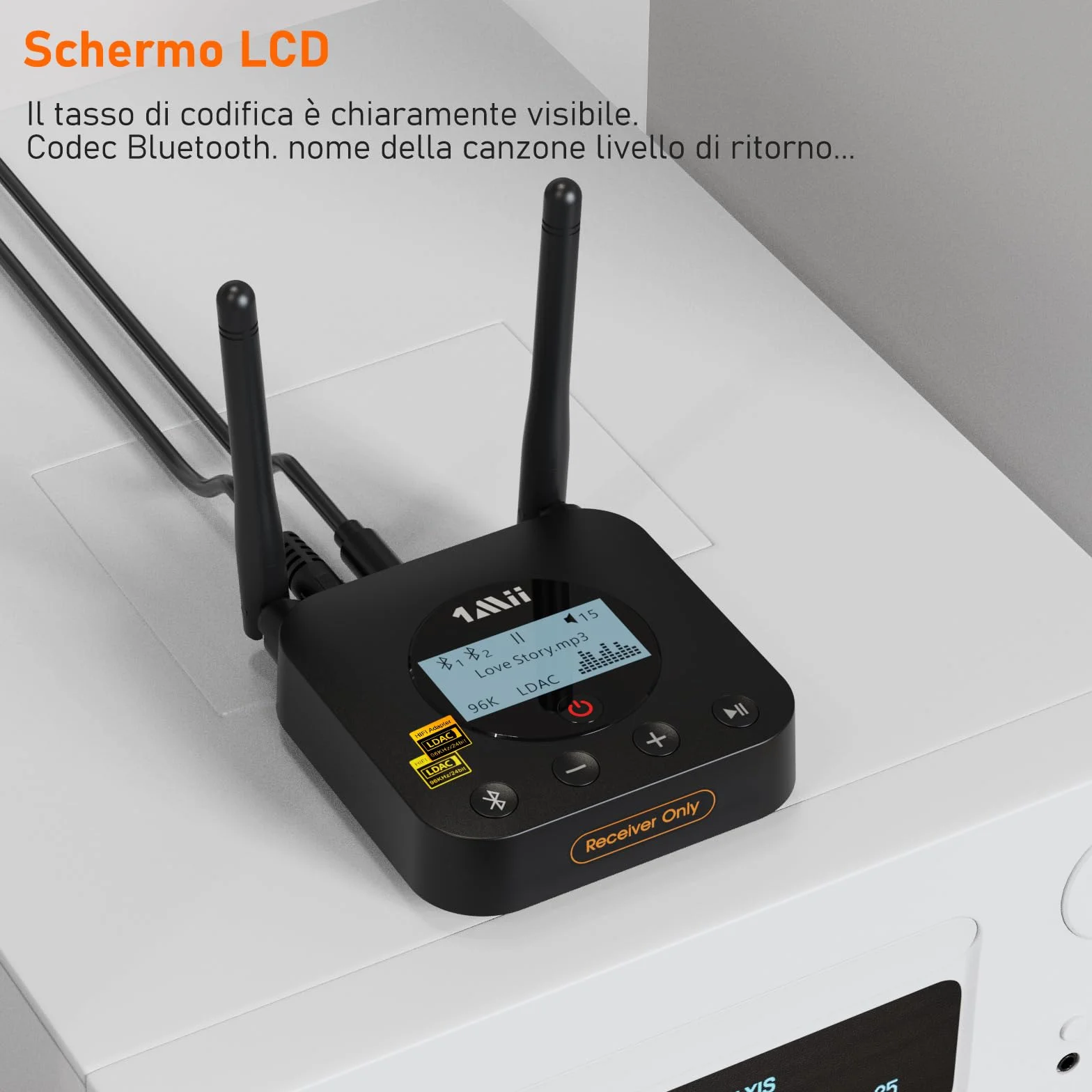 1Mii B06Pro+ Ricevitore Bluetooth HiFi, Adattatore Audio Wireless Bluetooth 5.1 Hi-Res LDAC per Stereo, Aptx HD& Bassa Latenza, con Uscita Ottica/AUX, Controllo del Volume, Display LCD, Lungo Raggio