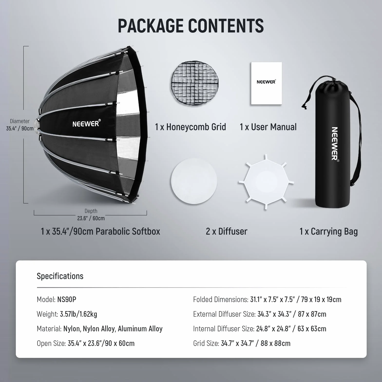 NEEWER 90cm Softbox Parabolico, Attacco Bowens,Rilascio Rapido con Diffusori/Griglia/Borsa per Luci Video Continue F300C AS600B Q4Pro Q6 Compatibile con Godox Compatibile con Aputure 600d,NS90P