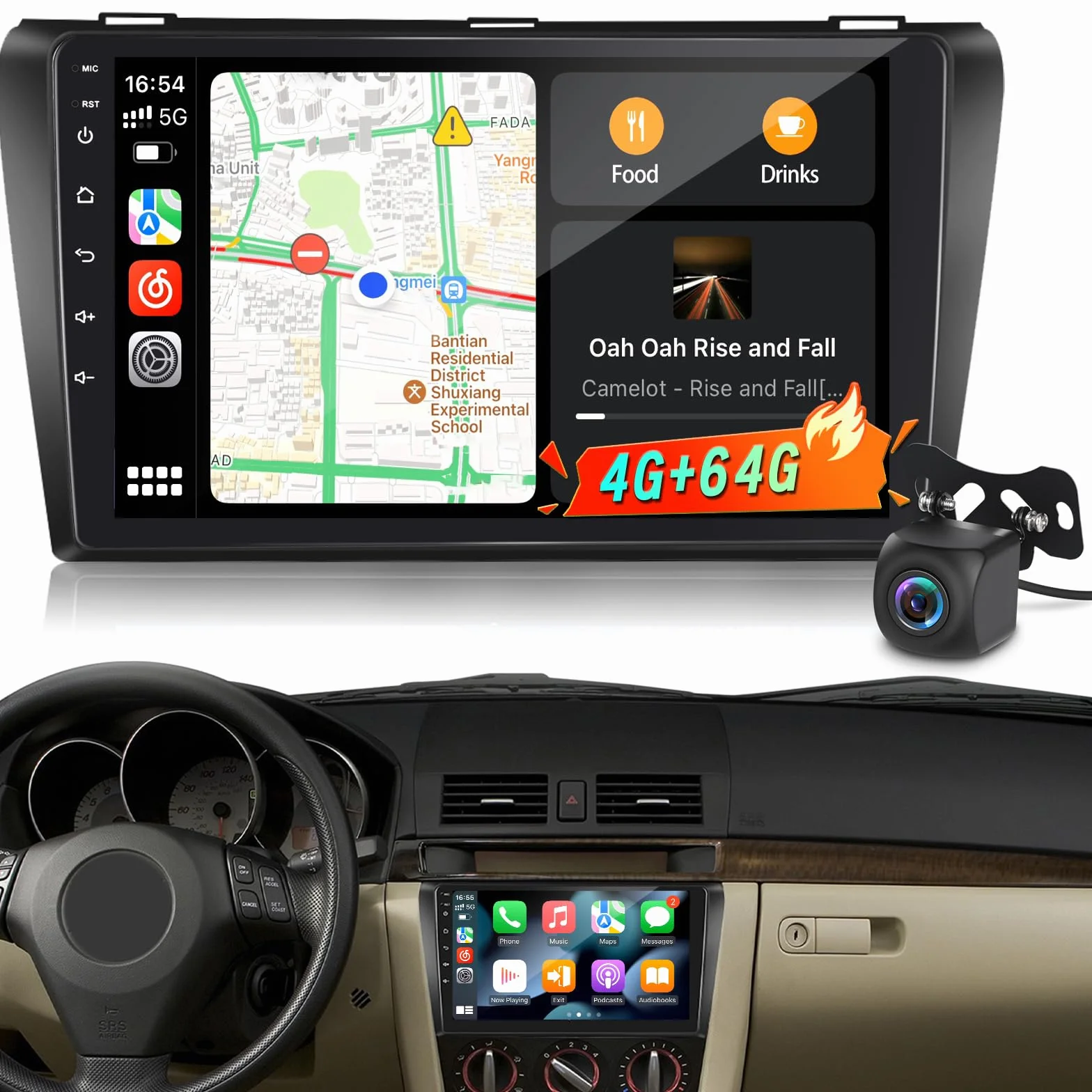 4G+64G Android Autoradio per Mazda 3 2003-2009 con touchscreen 9 pollici 1280x720, CarPlay & Android Auto Wireless, DSP 32EQ, WiFi, GPS, FM RDS Radio, Bluetooth 5.0, SWC + Retrocamera