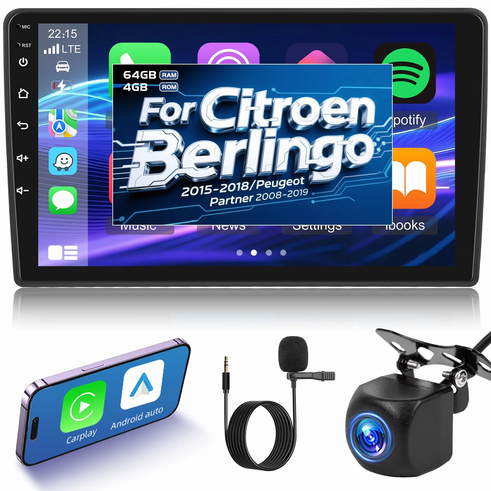 NHOPEEW 4+64G Radio Auto per Citroen Berlingo 2015-2018/Peugeot Partner 2008-2019 - Radio Android da 9 Pollici con Senza fili Carplay e Android Auto Schermo Diviso + Telecamera di Retromarcia