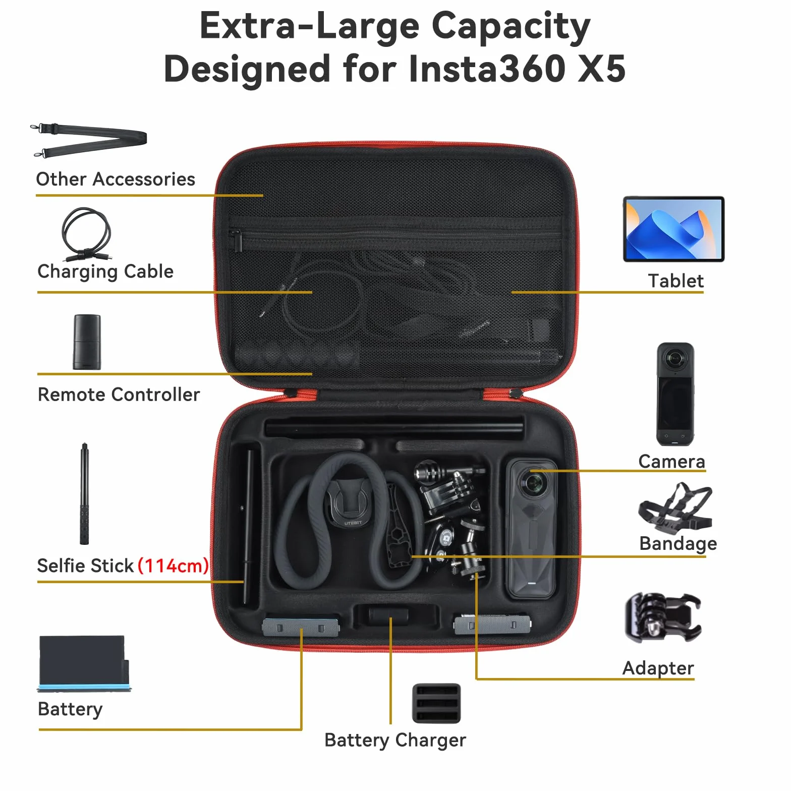 UTEBIT Borsa per valigie Insta360 X5, borsa a tracolla impermeabile portatile con tracolla, custodia a prova di caduta per accessori Insta 360 X5