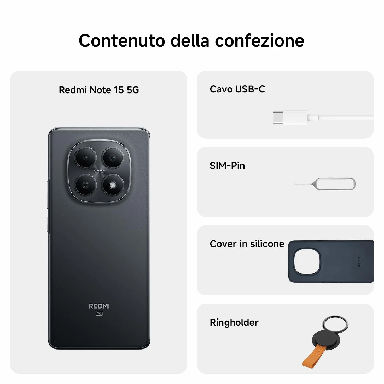 XIAOMI Redmi Note 15 5G, Smartphone 8+256GB, Design ultrasottile, Resistenza IP65, Fotocamera super nitida da 108 MP, Display FHD+ da 6,77", Nero, Garanzia 2 anni, Caricatore non incluso