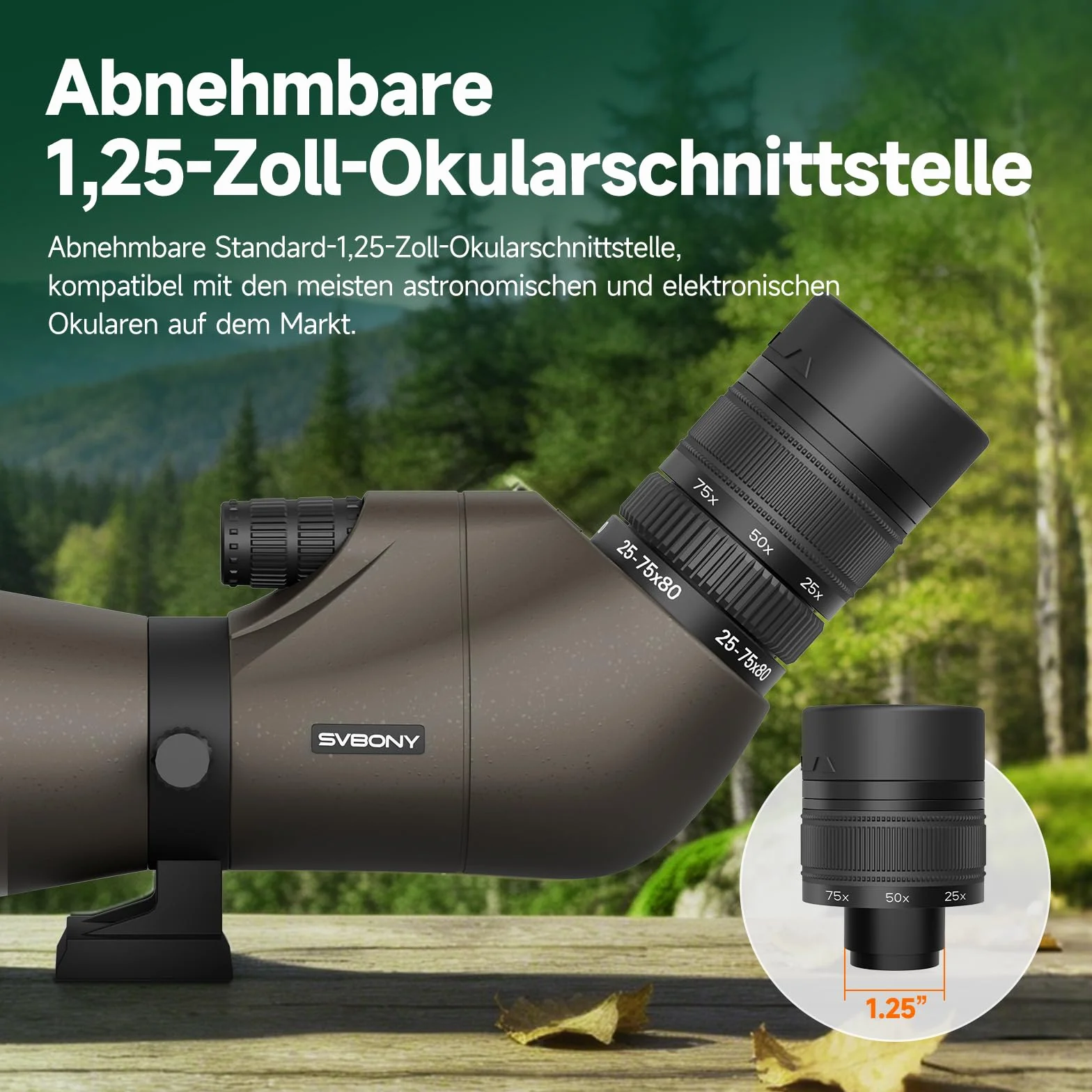Svbony SV29 25-75x80mm Cannocchiale con attacco a coda di rondine e Treppiede, ampio campo visivo, prisma di Porro FMC, con adattatore per smartphone per tiro al bersaglio, birdwatching e osservazione