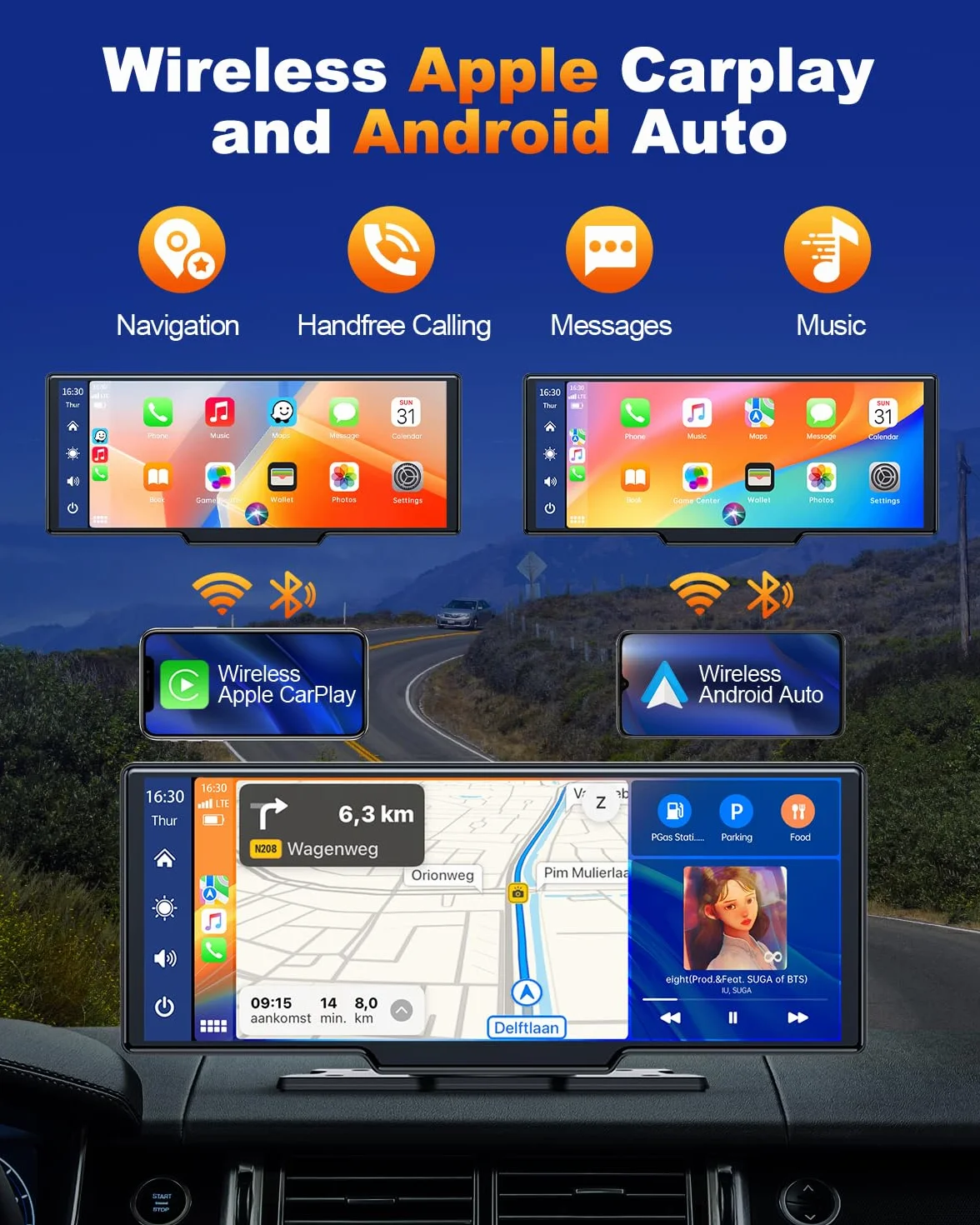 Volam 9.26 pollici Schermo Carplay Auto, Autoradio Portatile con Carplay Android Auto Wireless, Schermo tattile, IOS Mirror Link, Navigazione, Assistente Vocale Siri, G00gle, FM, AUX, Bluetooth 5.0