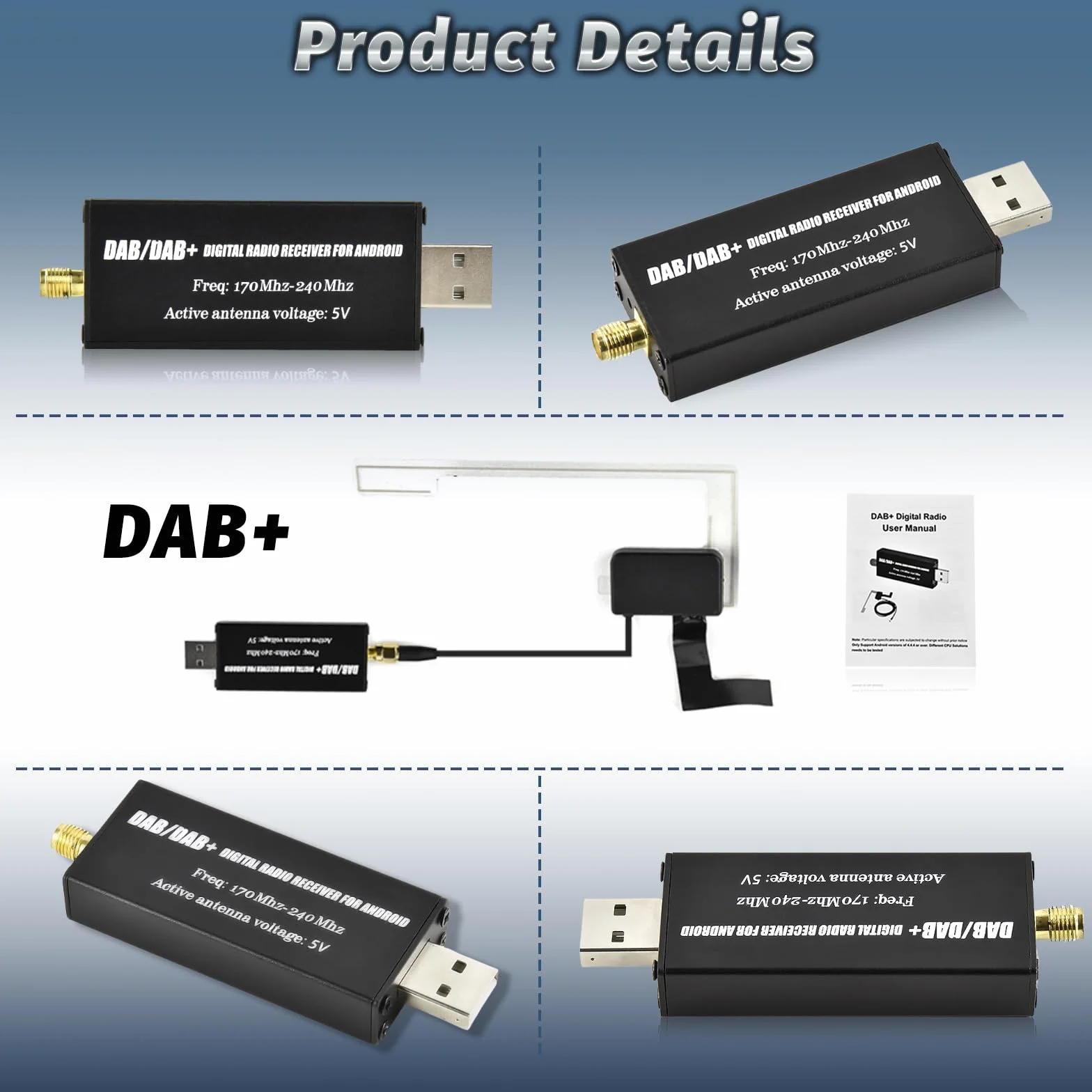 DAB Adattatore per Autoradio Android, Ricevitore Digitale DAB+ USB con Antenna Universale, Tuner Box con App, Facile Installazione Plug and Play