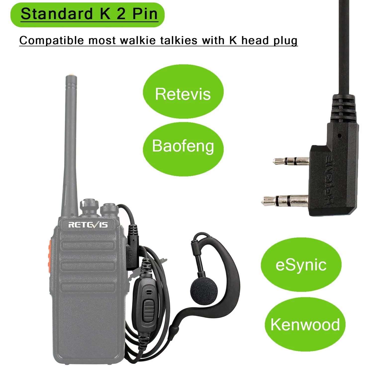 Retevis RE3120 Walkie Talkie Auricolare, C-Tipo Cuffie Walkie Talkie Compatibile con Radtel JUCJET RT24 RT668 RT27 RT622 RT15 RT619 RB628 Baofeng BF-888S KENWOOD ESYNiC Ricetrasmettitore (10 Pezzi)