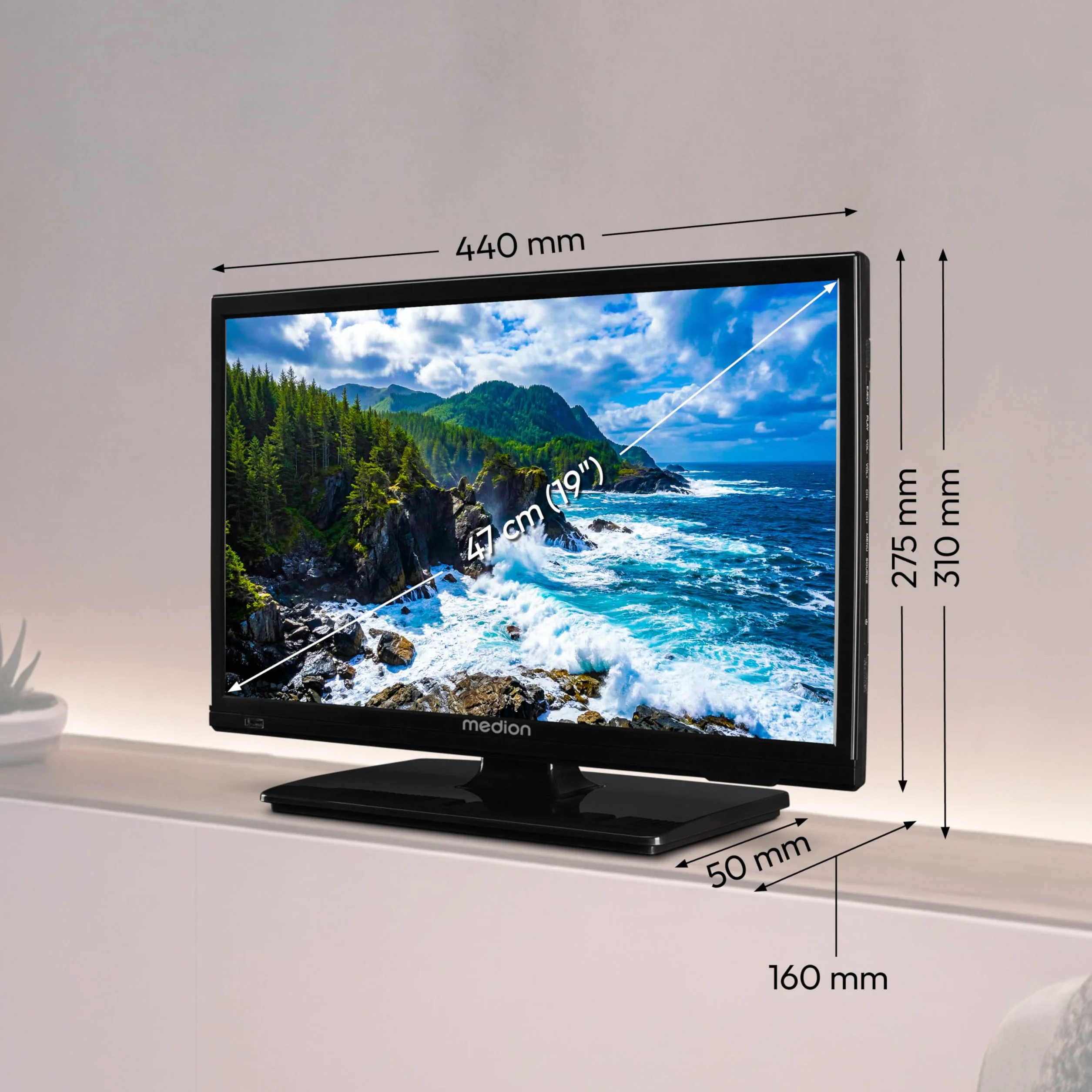 MEDION TV 19 pollici (47 cm) HD TV (perfetto per campeggio, camper, camion, giardino, adattatore per auto da 12 V, DVB-T2 HD, DVB-C, DVB-S2, HEVC, HDMI, USB, MD 819000)