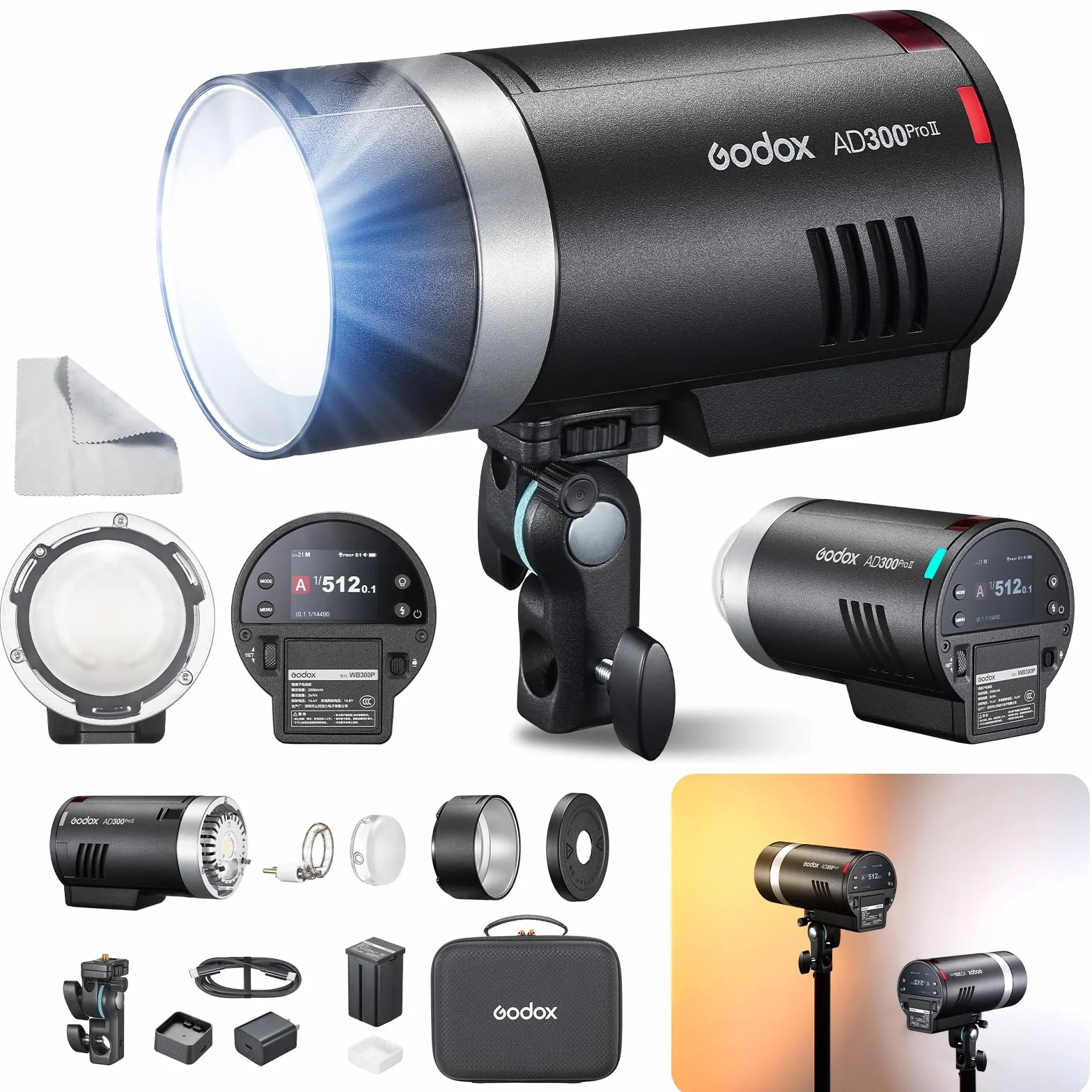 GODOX AD300Pro II AD300 ProII 300Ws TTL Flash Strumentale Esterno HSS 1/8000s 350 Flash Regolazione a 10 Livelli Indicatore a 16 Gruppi Lampada Modellante Bicolore 12W 2800K-6000K (AD300Pro 2026)