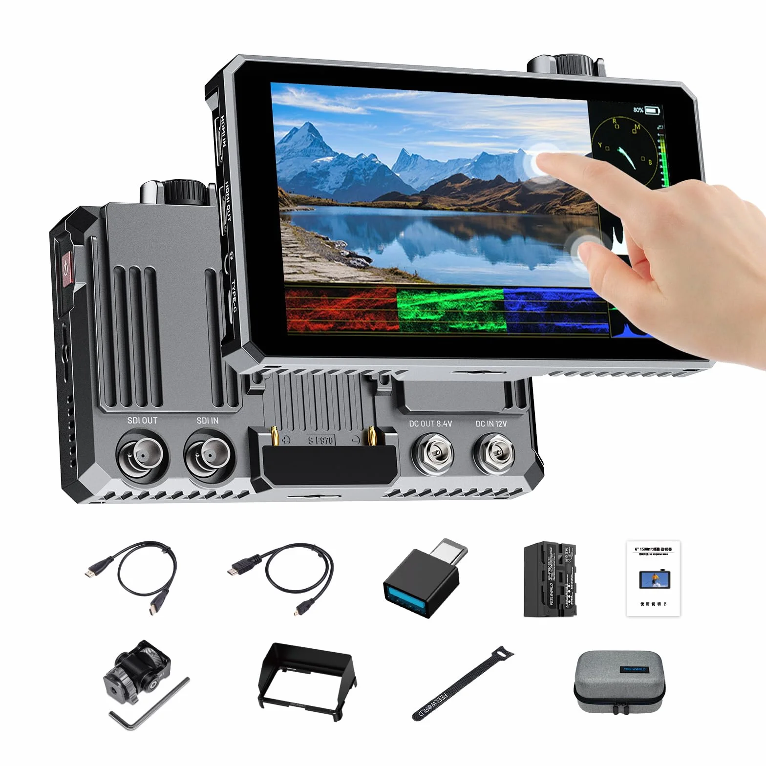 FEELWORLD SC6 6 pollici Monitor da campo SDI，struttura in alluminio da 1500 nit, HDMI 4K a 60 Hz, schermo touchscreen e rotella di scorrimento, forma d'onda HDR 3D LUT per videocamere DSLR