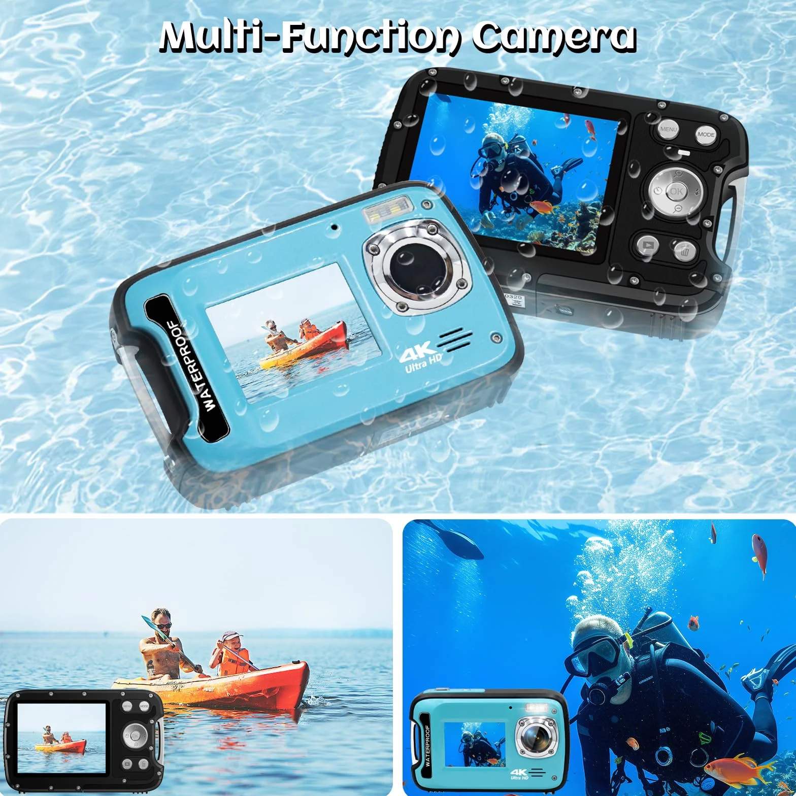 Fotocamera subacquea, 4K 48 MP, fotocamera impermeabile per snorkeling, fotocamera digitale a doppio schermo con messa a fuoco automatica con scheda da 32 GB, zoom 18x, fotocamera compatta