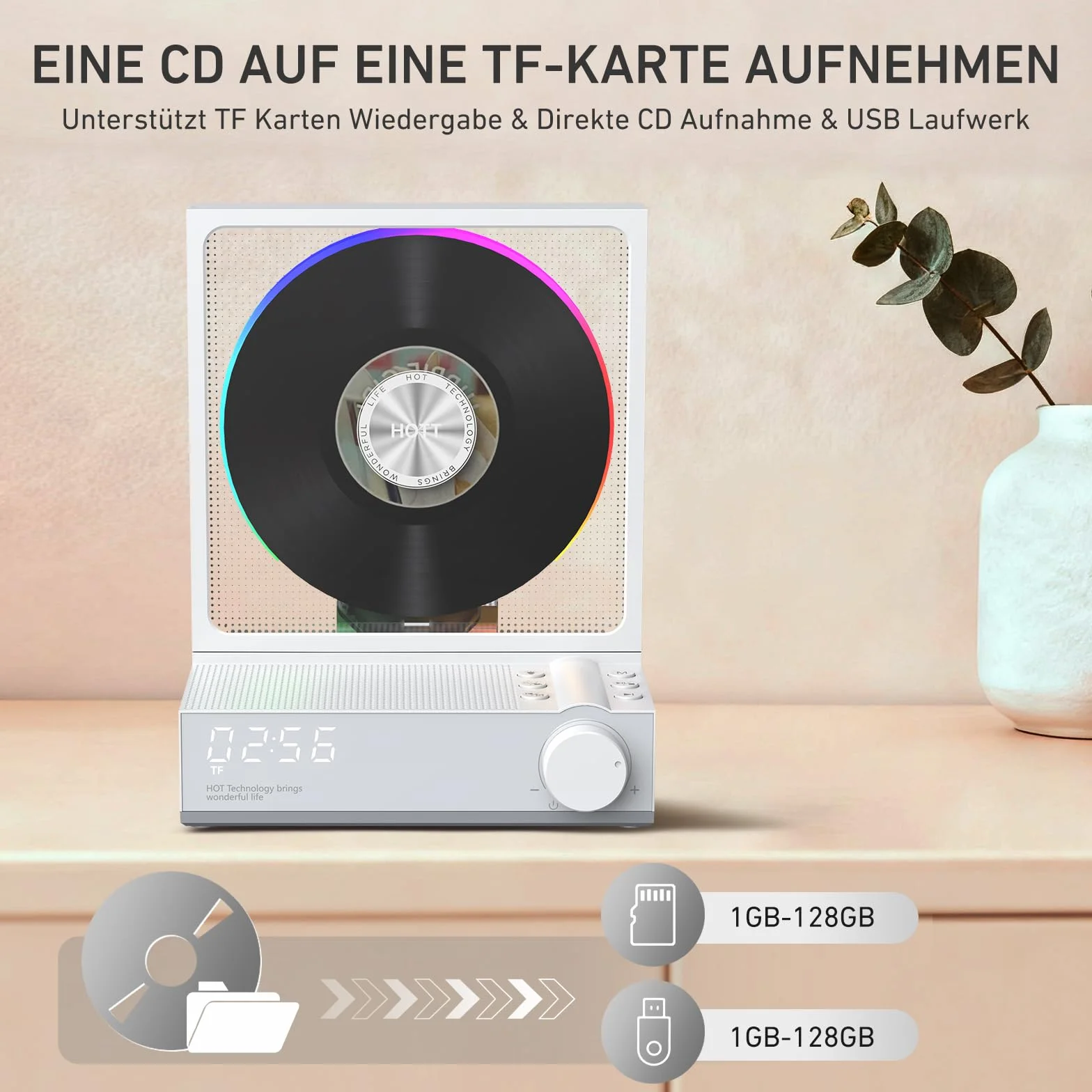 HOTT - Lettore CD portatile con telecomando, Bluetooth 5.3 Desktop CD con luci RGB, lettore CD con altoparlanti HiFi, supporta scheda TF, trascrizione, schermo LED, timer (grigio)