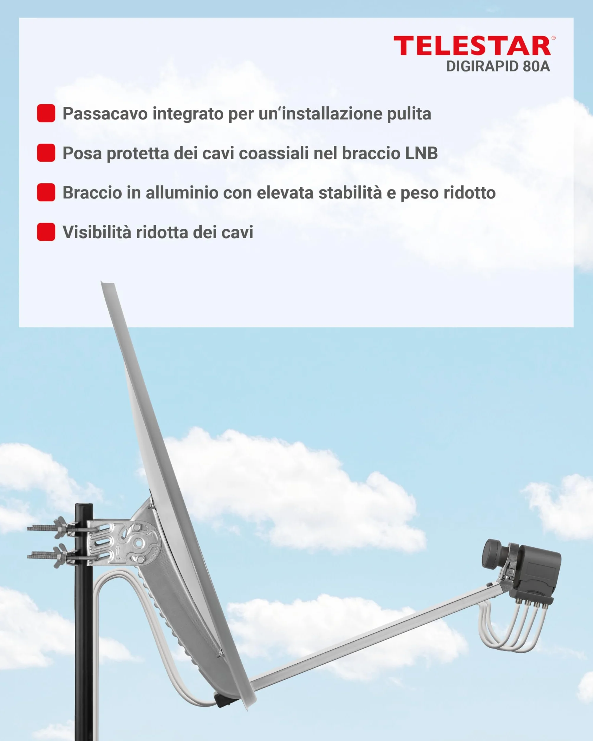 TELESTAR DIGIRAPID 80 A V2 – Parabola satellitare (80 cm, alluminio, braccio di supporto stabile e di alta qualità) – Grigio chiaro