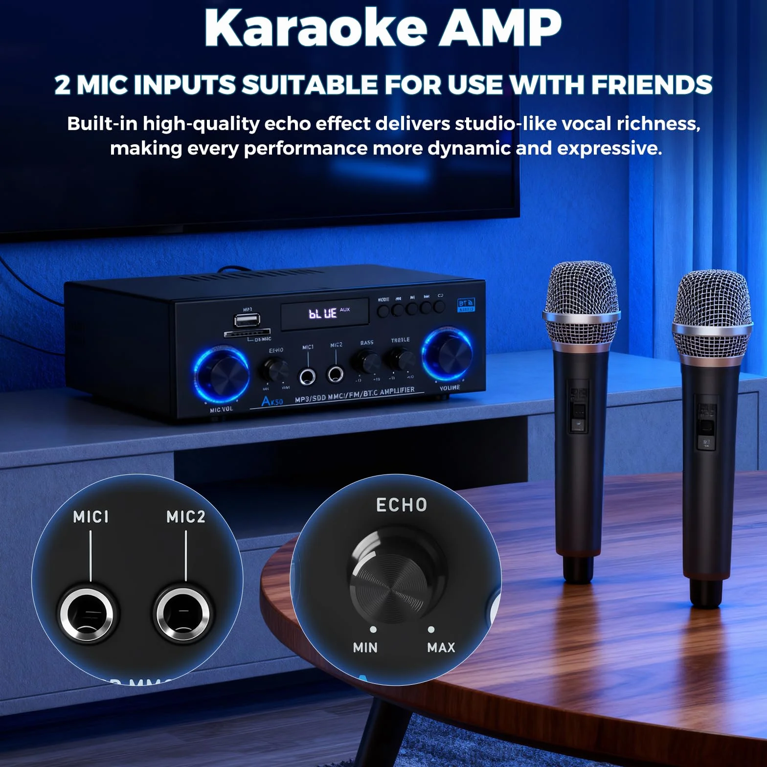Romicta AK50 Amplificatore Audio Stereo 2.0 Canali 800W Bluetooth 5.0 Radio FM USB SD Echo MIC Telecomando per Casa e Home Theater