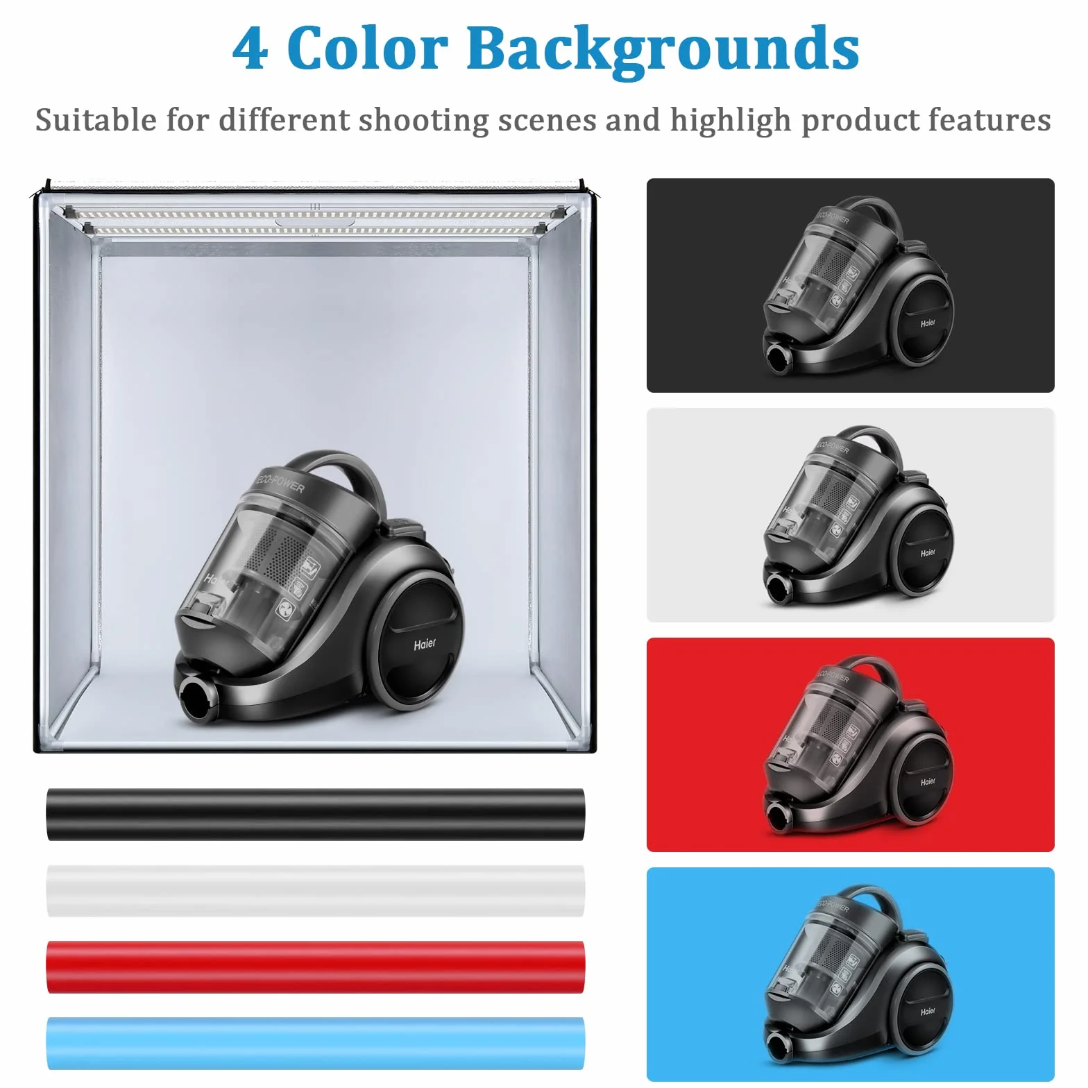 Scatola da studio fotografico, 60 x 60 x 60 cm, portatile pieghevole per fotografia, tenda di ripresa con luci LED dimmerabili ad alta CRI95+ e 5 fondali per la fotografia del prodotto