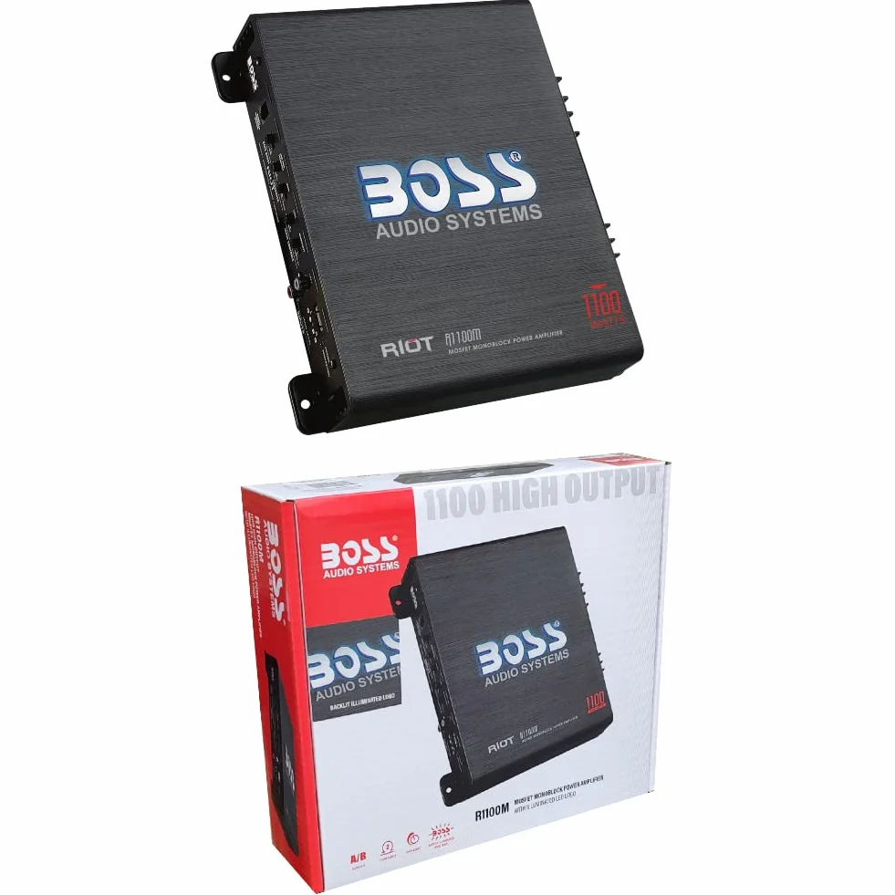 KIT SET PER BOSS AUDIO SYSTEMS RIOT R1100M 1 amplificatore 1 canale monofonico classe ab 1100 watt max 1 x 825 watt rms bass boost 0/+18 db con controllo remoto incluso, 1 pezzo