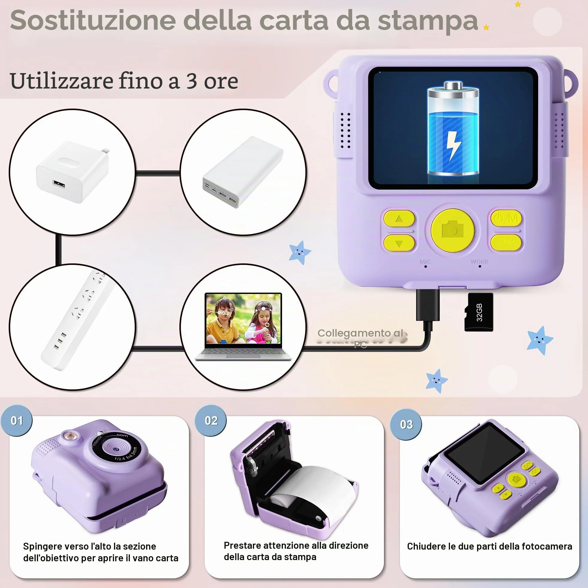 GKTZ Macchina Fotografica Bambini Istantanea - 1080P HD Digitale Fotocamera Stampa, Giocattolo con 32GB Scheda e 3 Rotoli di Carta Fotografica, Regali di Compleanno per Bambine di 4-12 Anni, Viola