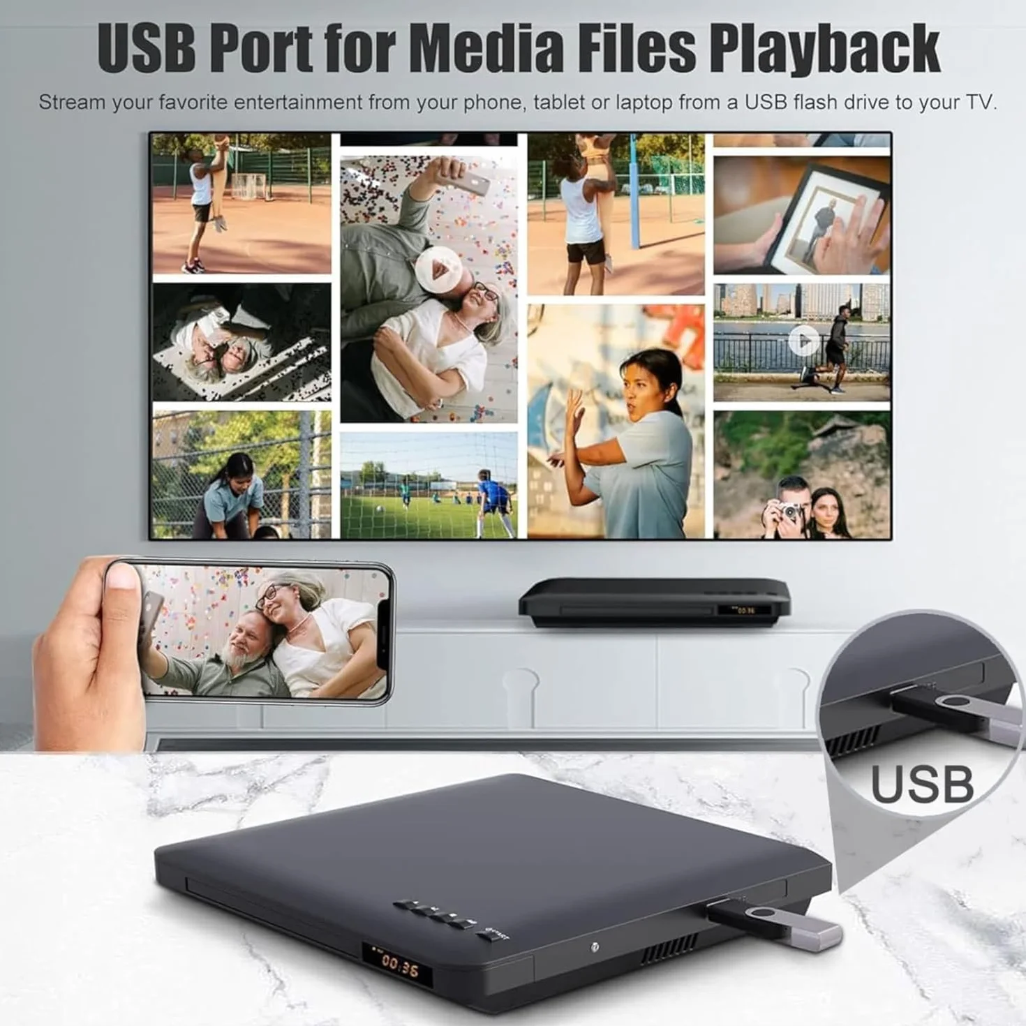 Lettore DVD per TV con uscita HDMI RCA, lettore DVD-CD per tutte le regioni con scalatura, HD 1080P, ingresso USBA, sistema NTSC/PAL integrato. Sistema, cavo HDMI e adattatore in dotazione