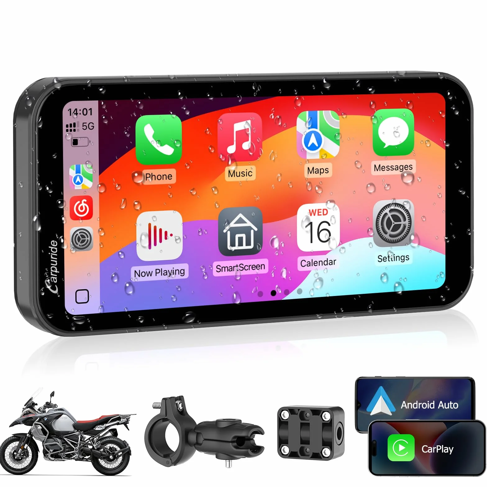 Carpuride W603 Schermo Carplay per Moto, CarPlay Wireless e Android Auto per Moto, Telecomando, Touchscreen Impermeabile da 6,3", Audio BT, Navigazione GPS, Siri, Assistente G00gle