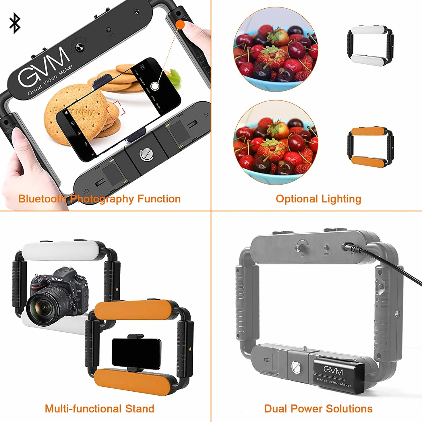 GVM Grip Pro Smartphone Video Rig, Stabilizzatore portatile e luce a led video, Fotocamera a LED per fotografia Registrazione video Impugnatura Maniglia Luce video con otturatore remoto Bluetooth
