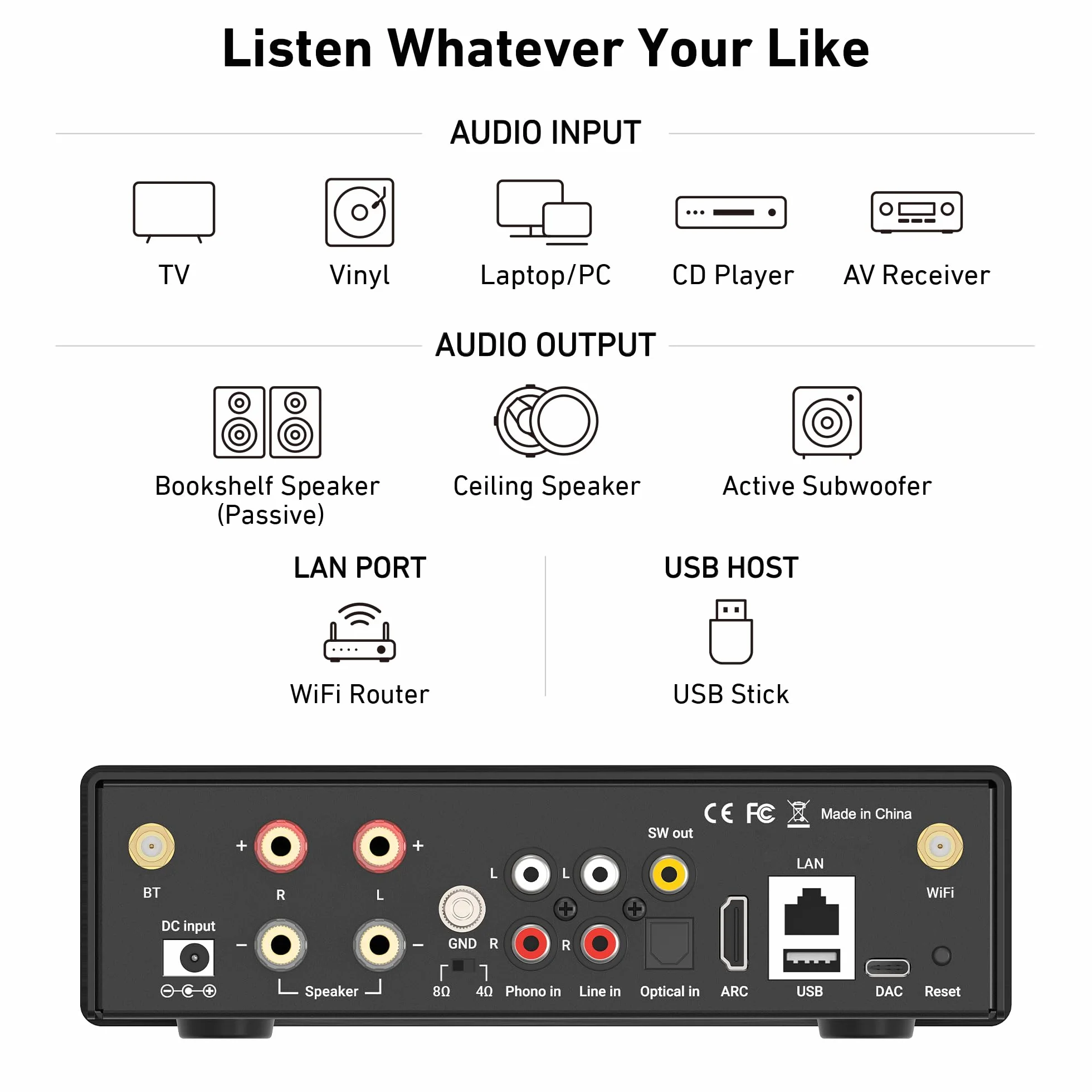 Arylic Amplifier WiFi H50 Hi-Fi Multiroom con Bluetooth aptX HD, HDMI ARC, Airplay 2 & Spotify Streaming. Supporta trasmissione musicale HD 192 Khz/24 bits. Amplificatore 50 W x 2.