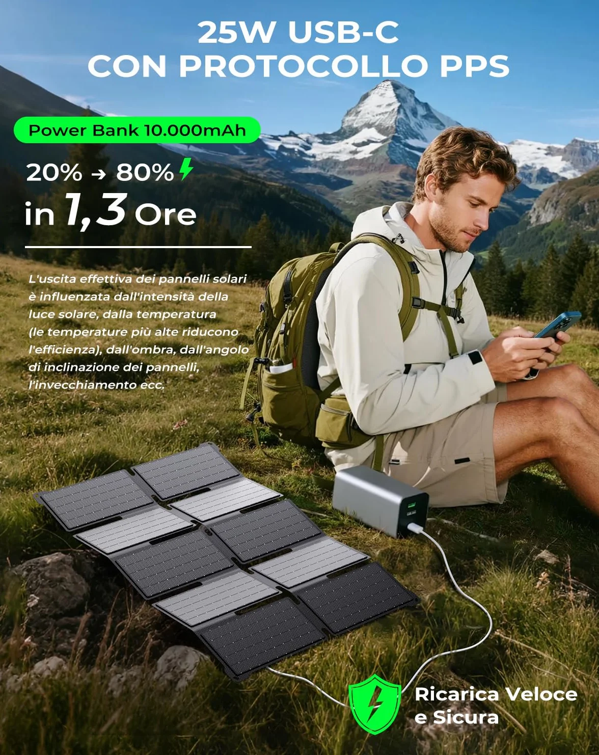 BigBlue Caricabatterie Solare Portatile 35W con Ricarica Rapida USB-A e PD25W USB-C per Camping e Trekking, 0,7 kg Impermeabile IP68, Caricabatterie Solare Pieghevole per iPhone/Android iPad Powerbank