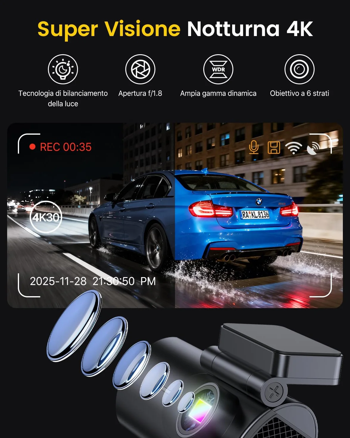 Dash Cam Auto 4K+1080P 5GHz WiFi Telecamera con Scheda SD 64G 170° Grandangolo Visione Notturna WDR G-Sensor 24H Monitor Parcheggio