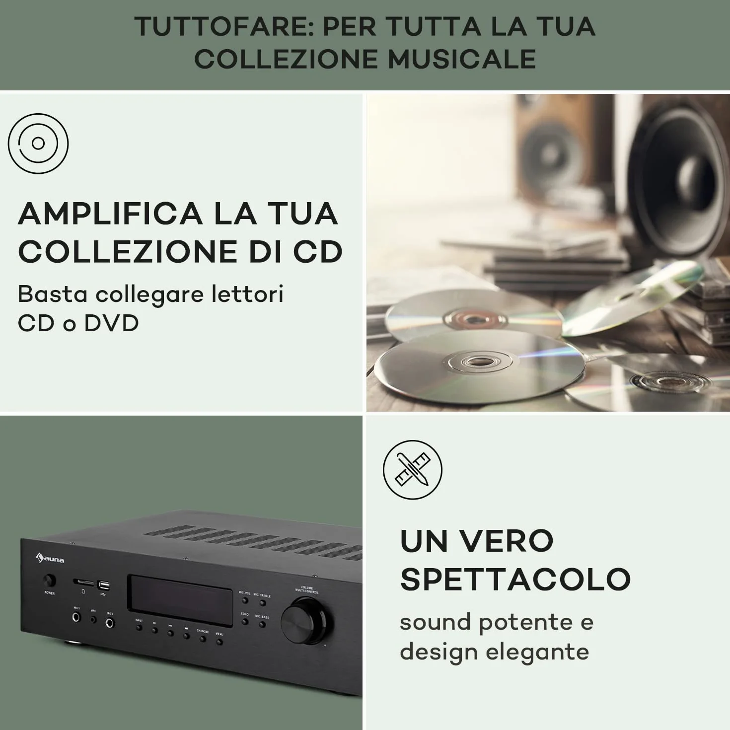 AUNA AMP-H260 5.1 - Amplificatore Receiver Equalizzatore, 2x100 Watt + 3x20 Watt RMS, Bluetooth, Porta USB, Slot SD, Digital-In Ottico & Coassiale, 2 x HDMI-In/1 x HDMI-Out, Nero