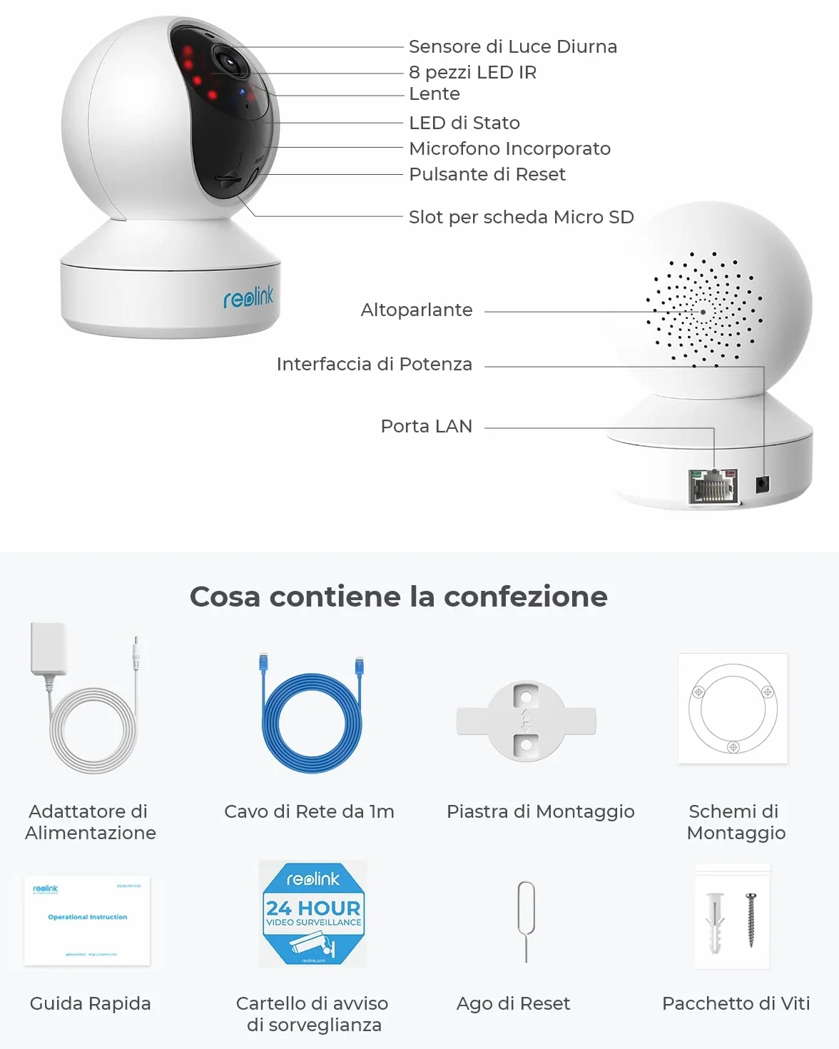 Reolink Telecamera WiFi Interno 3MP Pan/Tilt E1 Ricondizionato, Sorveglianza 2.4GHz Audio 2 Vie Visione Notturna Rilevazione Movimento