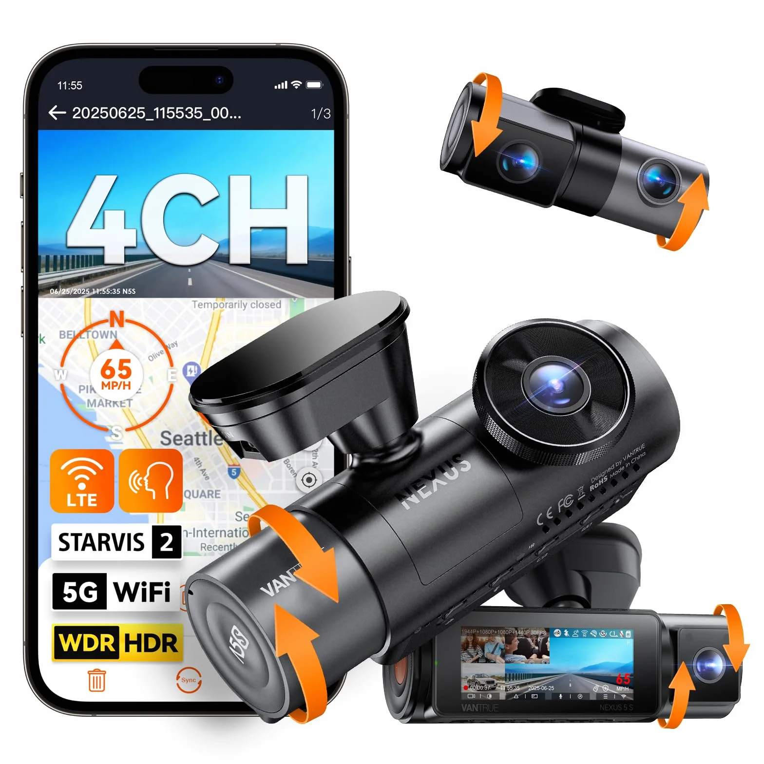 VANTRUE N5S Telecamere Auto STARVIS 2, 4 canali Dash Cam 2.7K+ Dual 1080P+ 1440P anteriore, interno e posteriore, HDR, Wi-Fi 5G, Controllo vocale, GPS, Parcheggio buffer 24, LTE opzionale, max 1 TB
