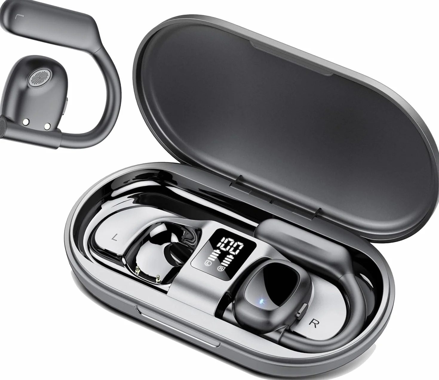 Cuffie Open Ear, Orecchio Aperto, Cuffie Bluetooth Sport, Auricolari Bluetooth 5.3 Wireless con 4 Mic Stereo, Cuffiette Bluetooth con Custodia di LED Ricarica, 75Ore, Impermeabili IP5, Nero