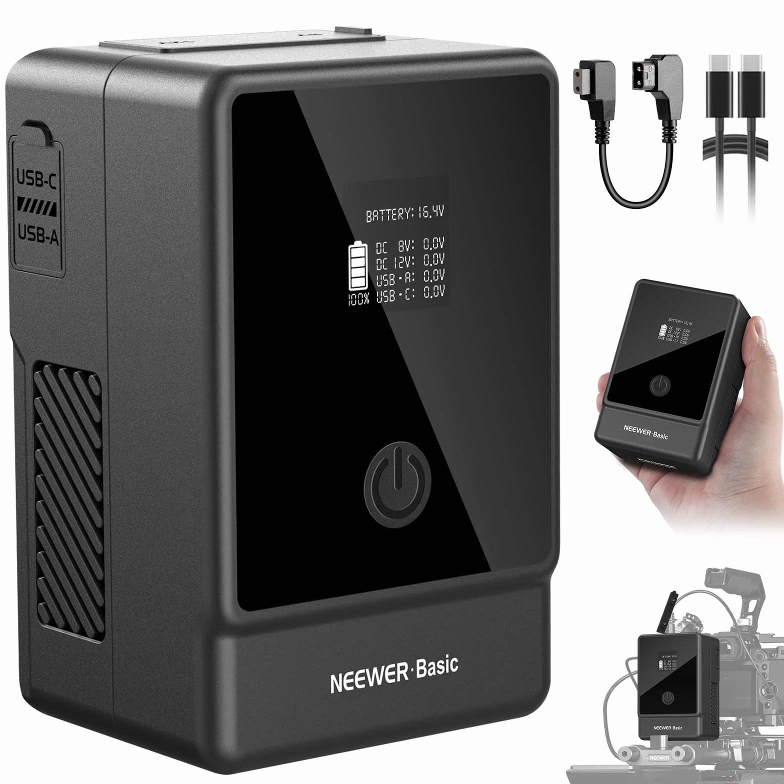 NEEWER BASICS Batteria V Mount PS099E, Mini V Lock 6800mAh/99Wh con Display OLED, Cavo D Tap/Type C, Ricarica Rapida USB C PD65W,Uscite D Tap/BP/USB A/DC per Video Fotocamera Monitor Camcorder e Film