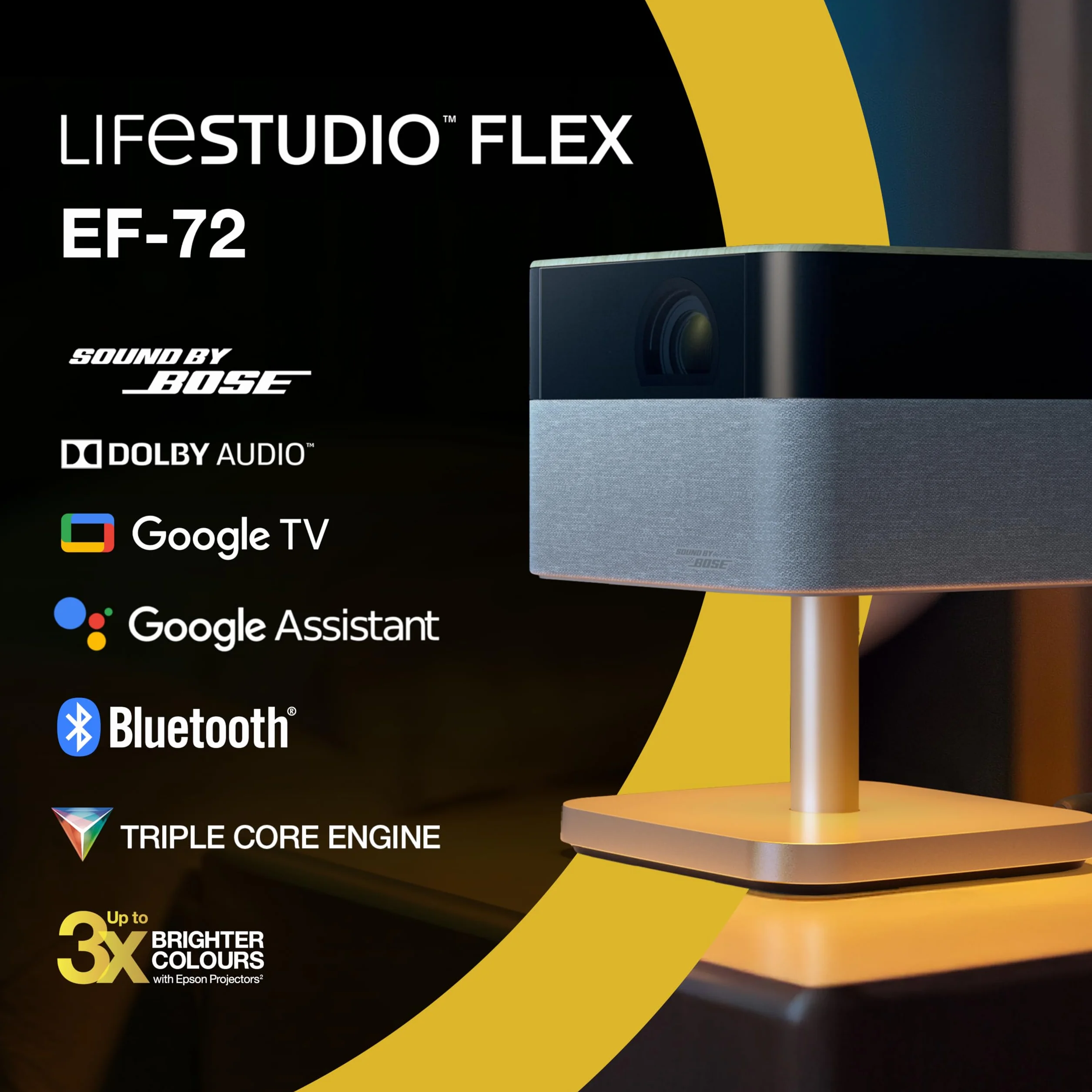 Epson Lifestudio Plus EF-72 | Videoproiettore per Smart TV portatile 4K PRO-UHD | 1.000 lumen | 3LCD x RGB-LED | Sound by BOSE| Google TV | Configurazione semplice | Display 150'' | Garanzia 5 anni