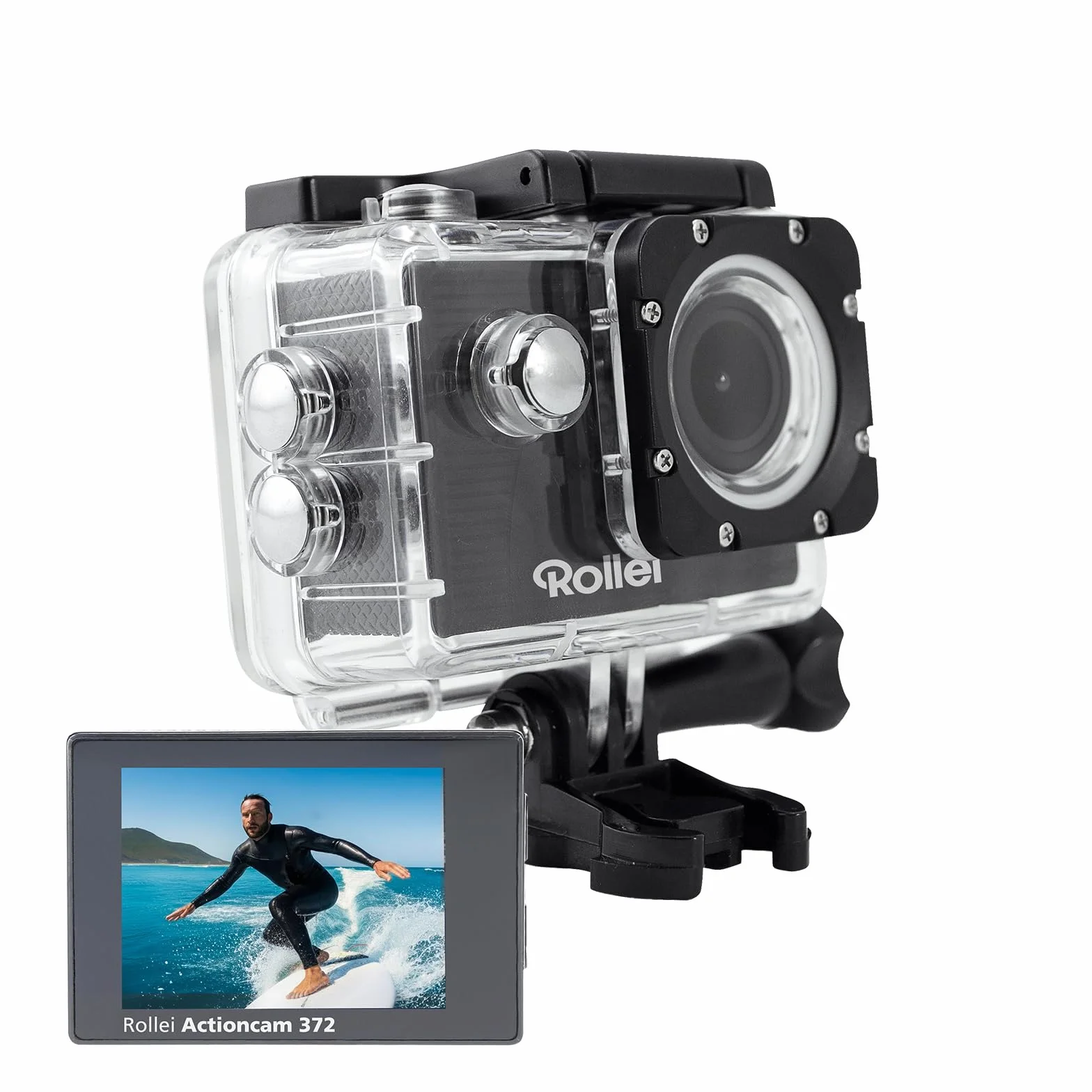 Rollei Actioncam 372 - Action-Camcorder con risoluzione video Full HD da 1080p/30 fps, Obiettivo grandangolare, impermeabile fino a 30 m, incl. custodia subacquea - Nero