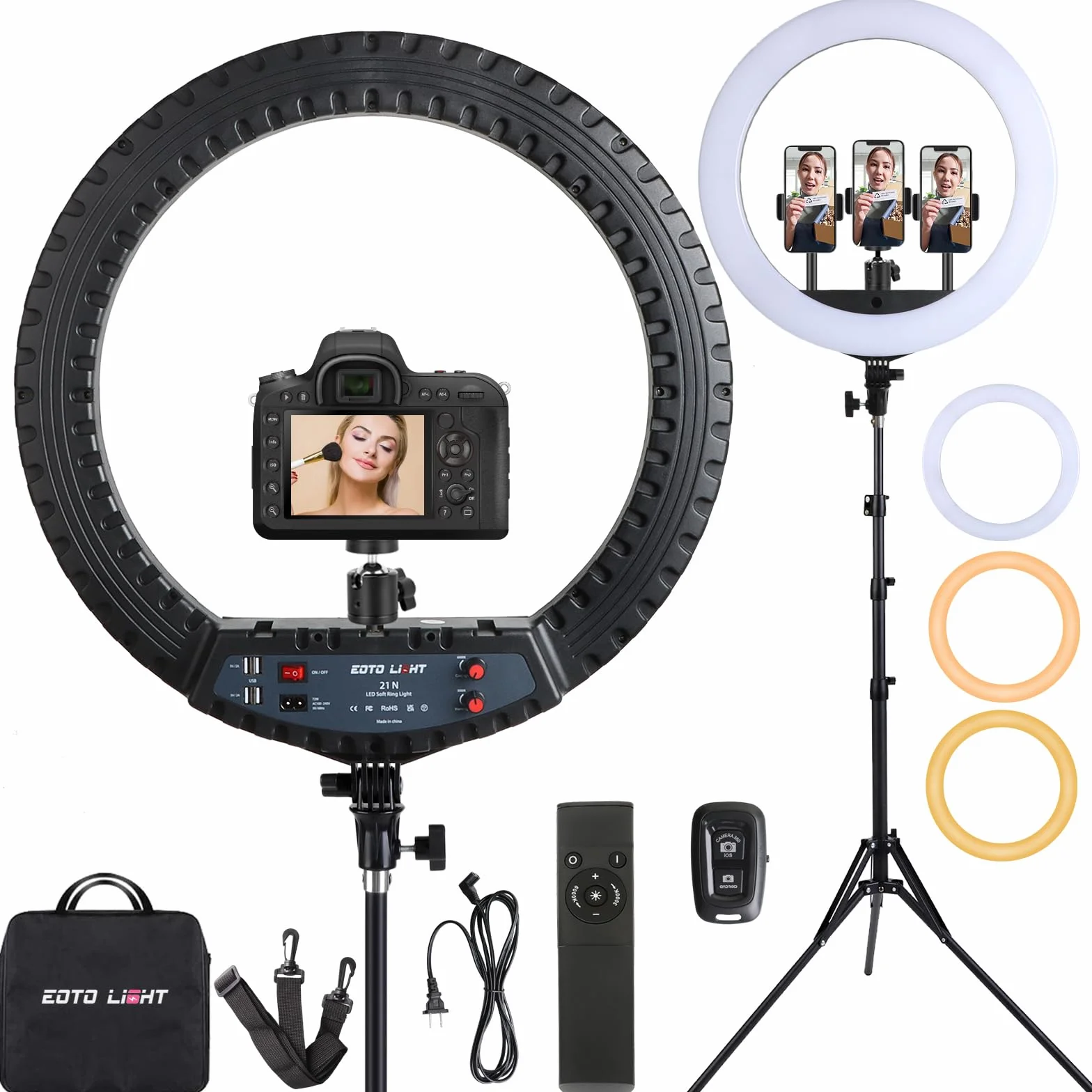Luce ad anello a LED da 53,3 cm con supporto per treppiede, luce ad anello video per fotografia, registrazione vlog, conferenze, riunioni, ritratti, YouTube, TikTok, trucco, con telecomando, CRI> 97