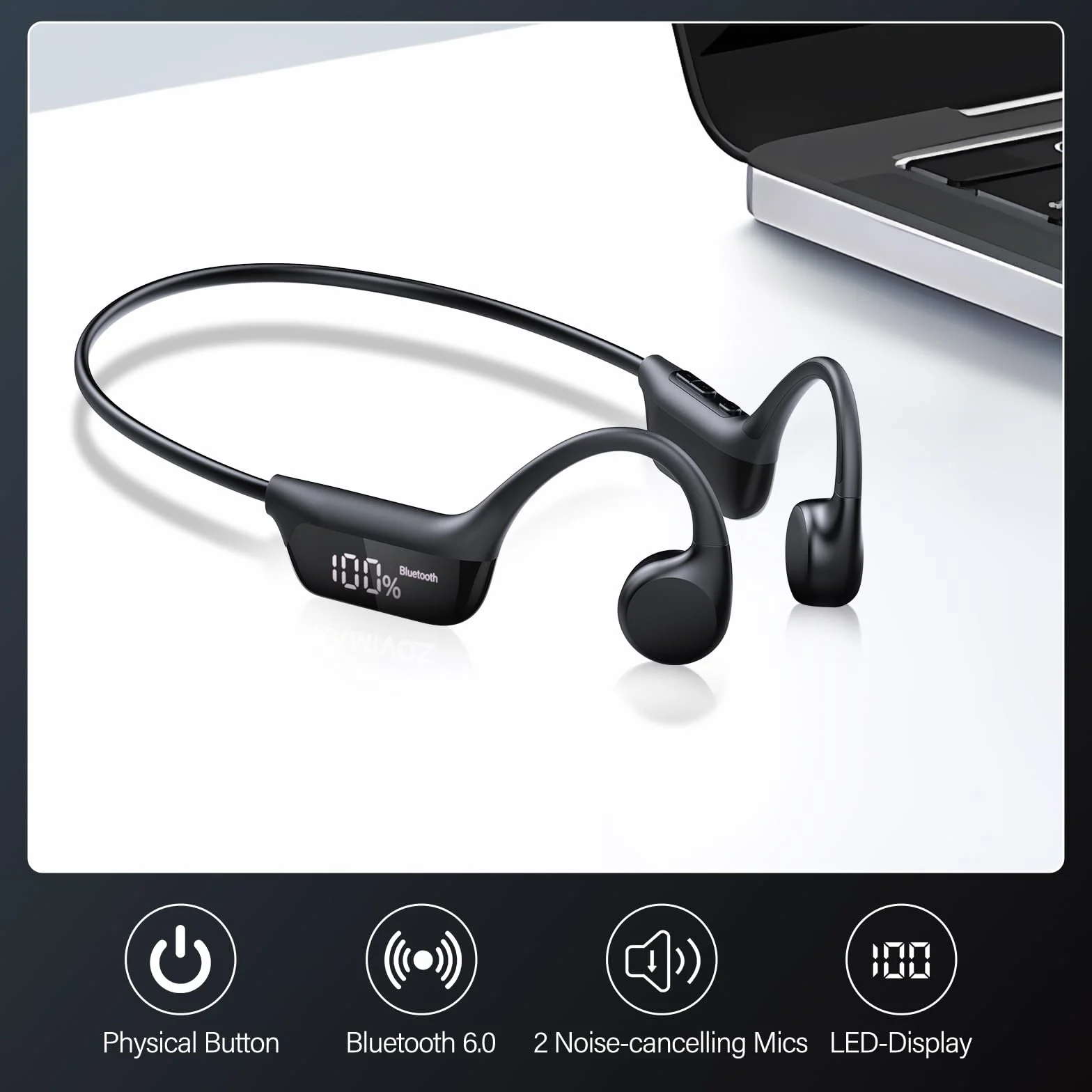 Cuffie Conduzione Ossea Bluetooth 6.0 Cuffie Open Ear Wireless, Auricolari Bluetooth Suono Dual Driver, Display LED, Connessione Doppio Dispositivo e Modalità Gaming, 12 Ore, IP67 per Corsa/Ciclismo