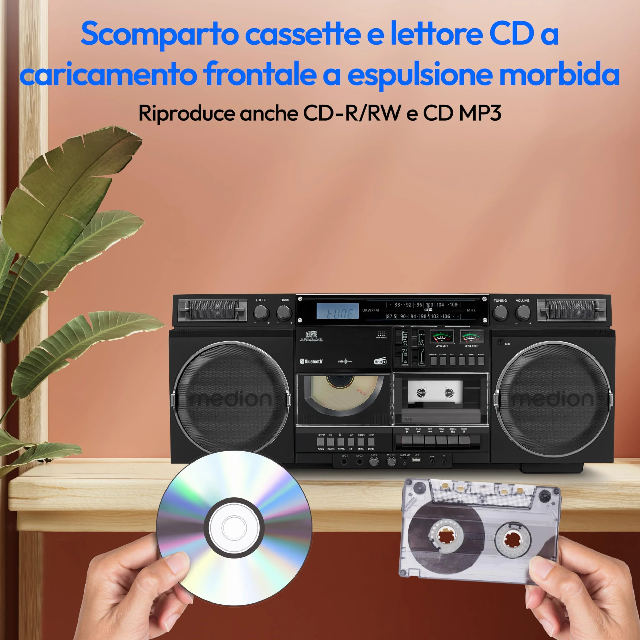 MEDION Registratore a cassette P66538 Ghetto Blaster retrò con lettore CD, Bluetooth, DAB+, USB, SD
