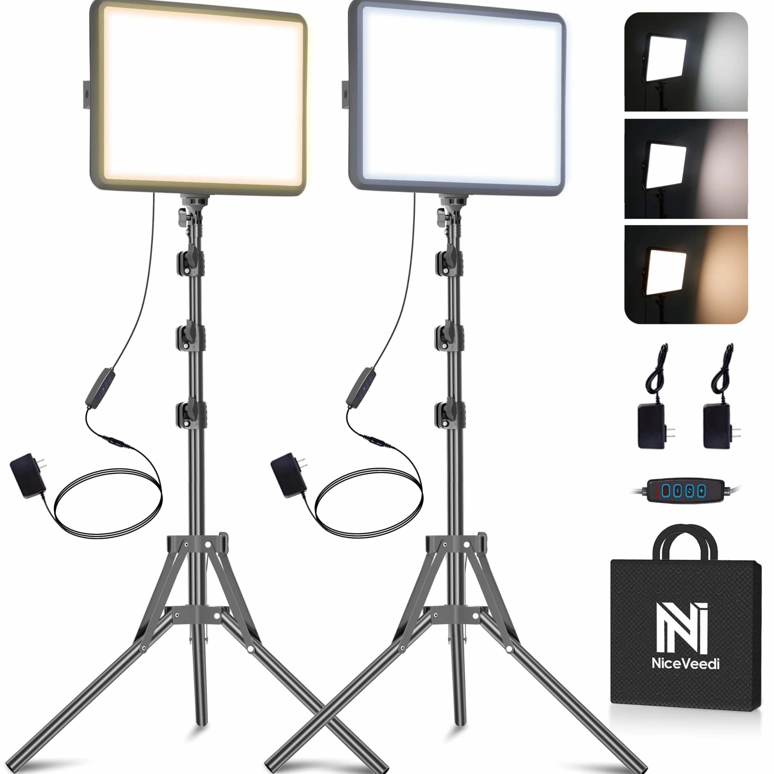 NiceVeedi Illuminazione fotografica da 25 W, 185 cm, kit di 2 pannelli video a LED, 2900-7000 K, dimmerabile, luce da studio con treppiede, luce di streaming per registrazione video YouTube (25W-1)