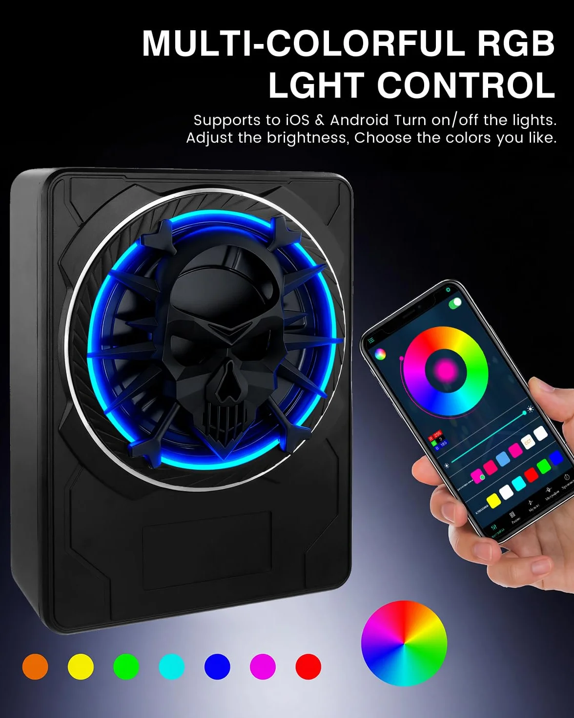 Subwoofer attivo per auto, montabile sotto i sedili, potenza massima 1200W, 10", modulo amplificatore integrato, design compatto ed elegante, illuminazione ambientale RGB controllata tramite APP