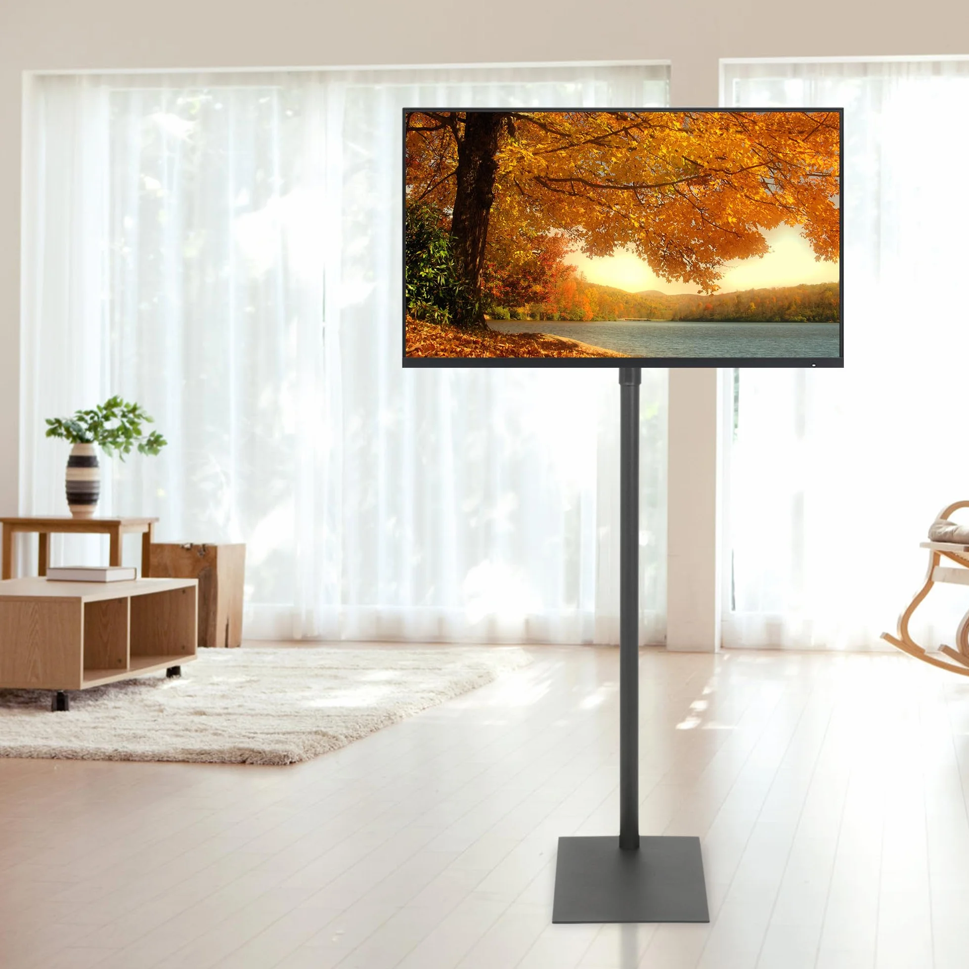 Supporto universale girevole per TV da pavimento con supporto a 360 gradi per TV da 14-43 pollici, inclinabile, autoportante, supporto VESA con 4 livelli di altezza regolabile per camera da